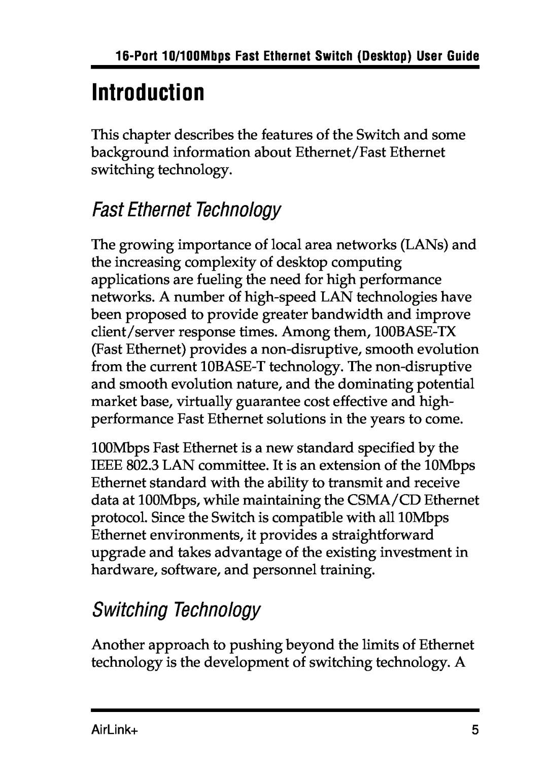 Airlink UG-ASW116-1103 manual Introduction, Fast Ethernet Technology, Switching Technology 