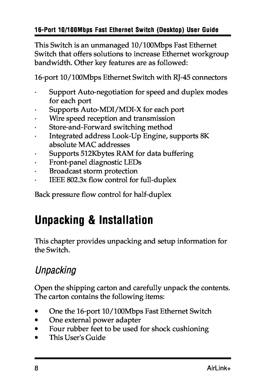 Airlink UG-ASW116-1103 manual Unpacking & Installation 