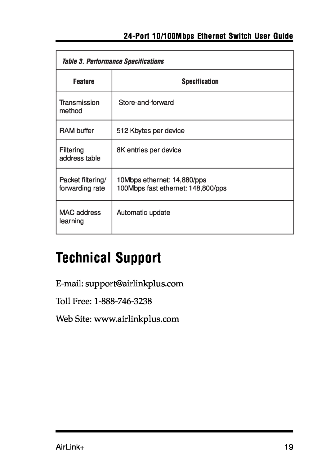 Airlink UG-ASW224-1103 Technical Support, AirLink+, Port 10/100Mbps Ethernet Switch User Guide, Performance Specifications 