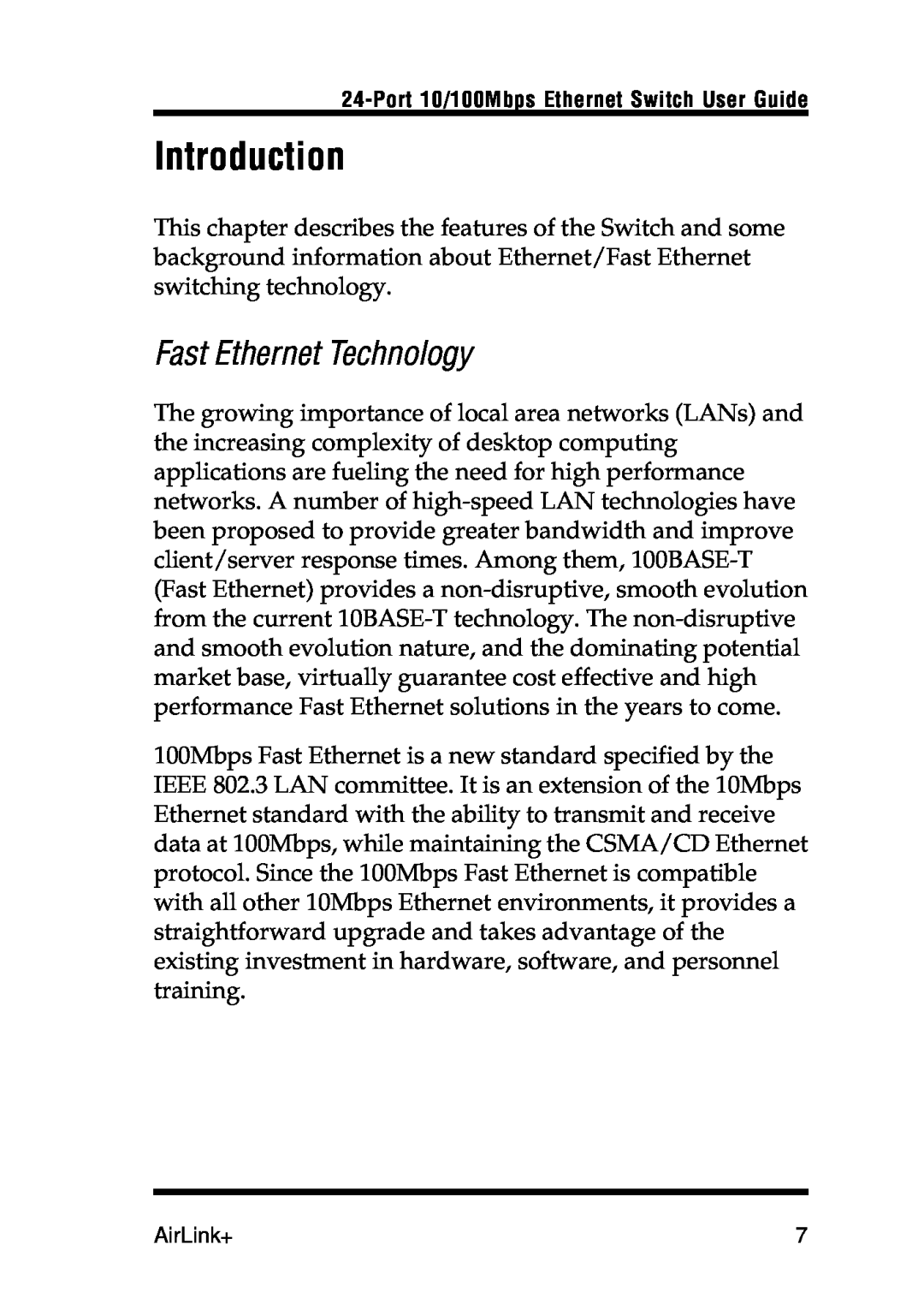 Airlink UG-ASW224-1103 manual Introduction, Fast Ethernet Technology 