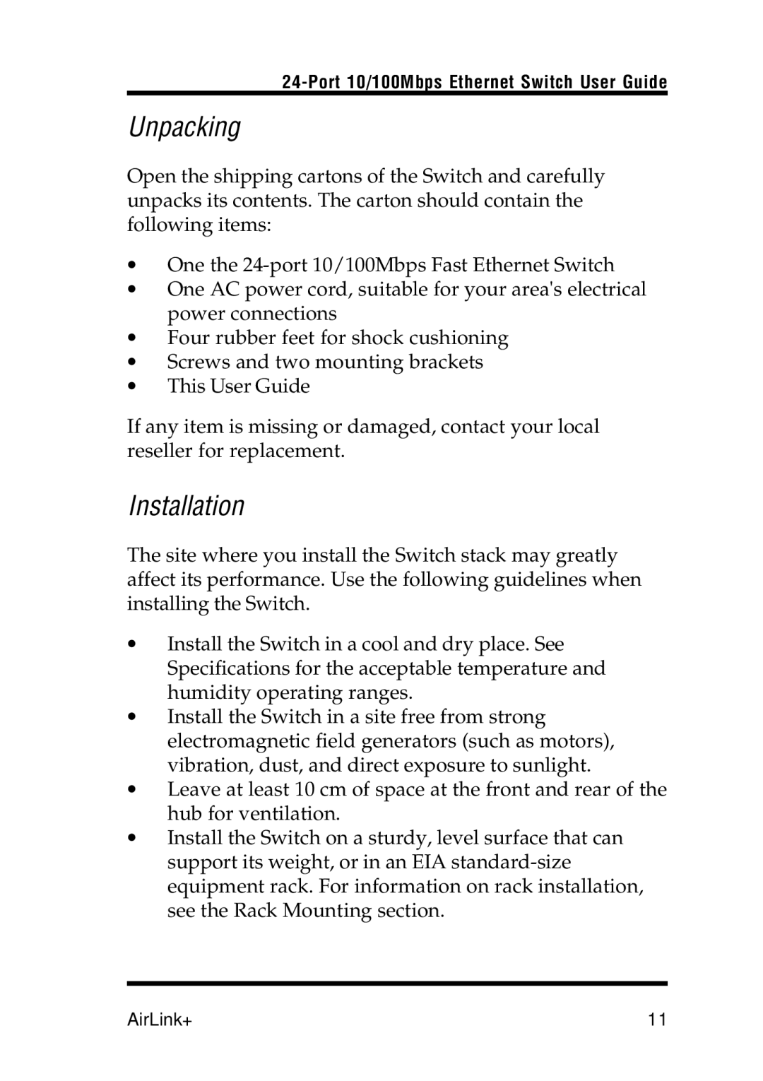 Airlink UG-ASW224-1103 manual Unpacking, Installation 