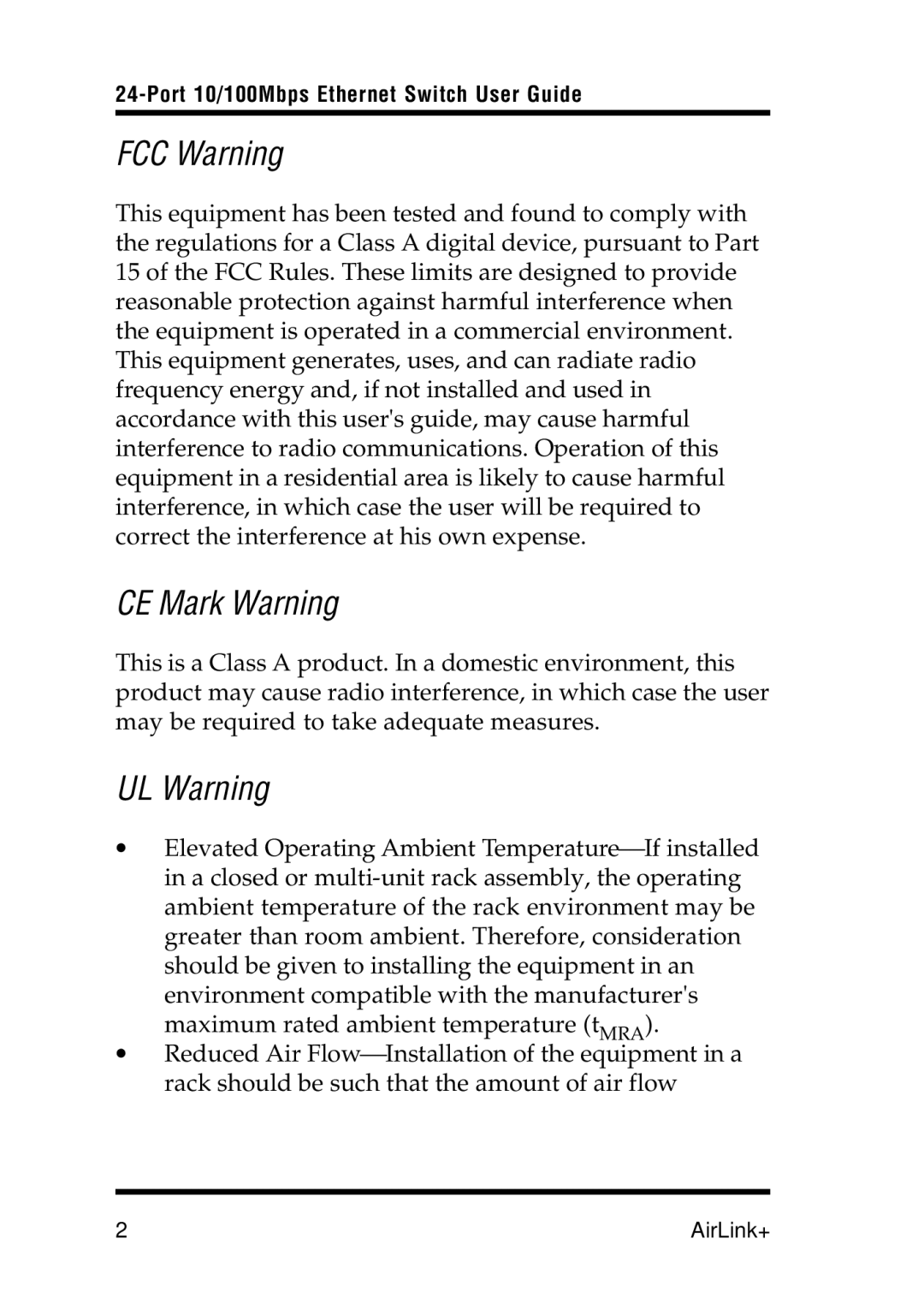 Airlink UG-ASW224-1103 manual FCC Warning, CE Mark Warning, UL Warning 