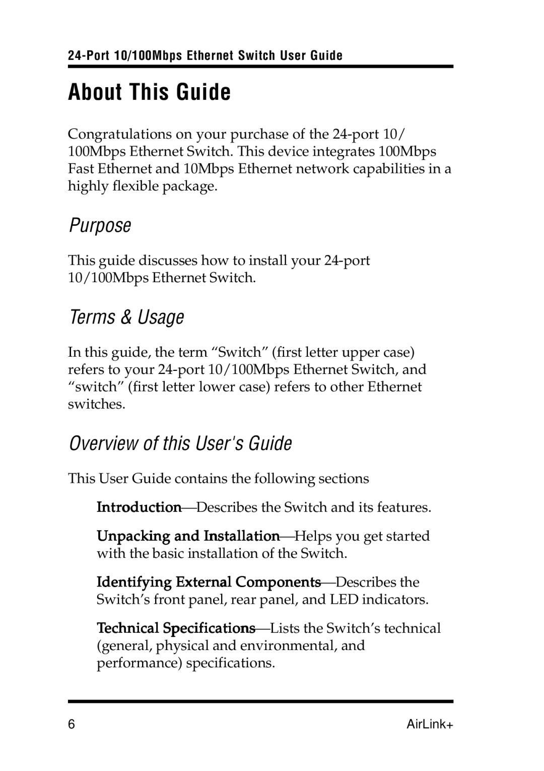 Airlink UG-ASW224-1103 manual About This Guide, Purpose, Terms & Usage, Overview of this Users Guide 