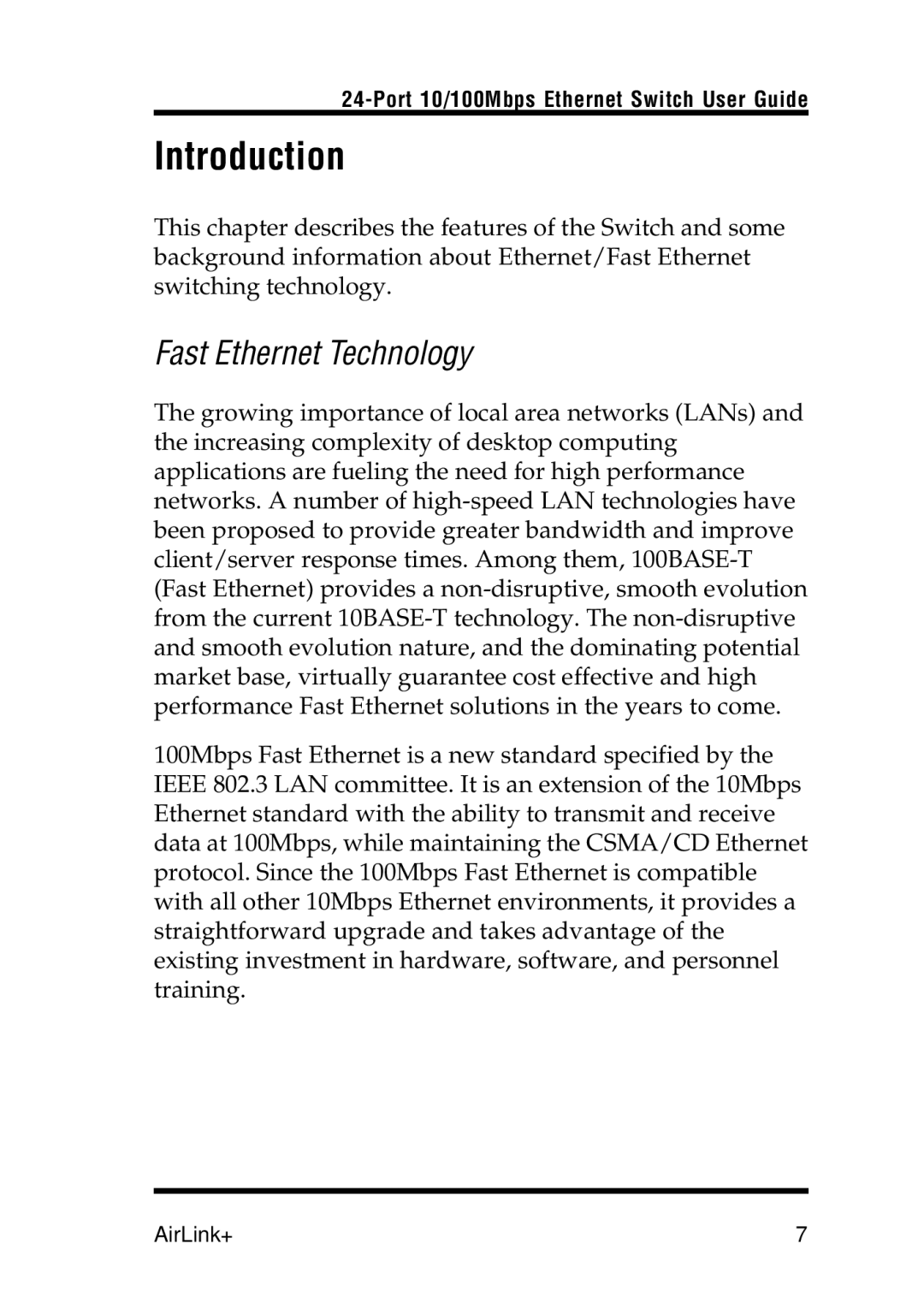 Airlink UG-ASW224-1103 manual Introduction, Fast Ethernet Technology 