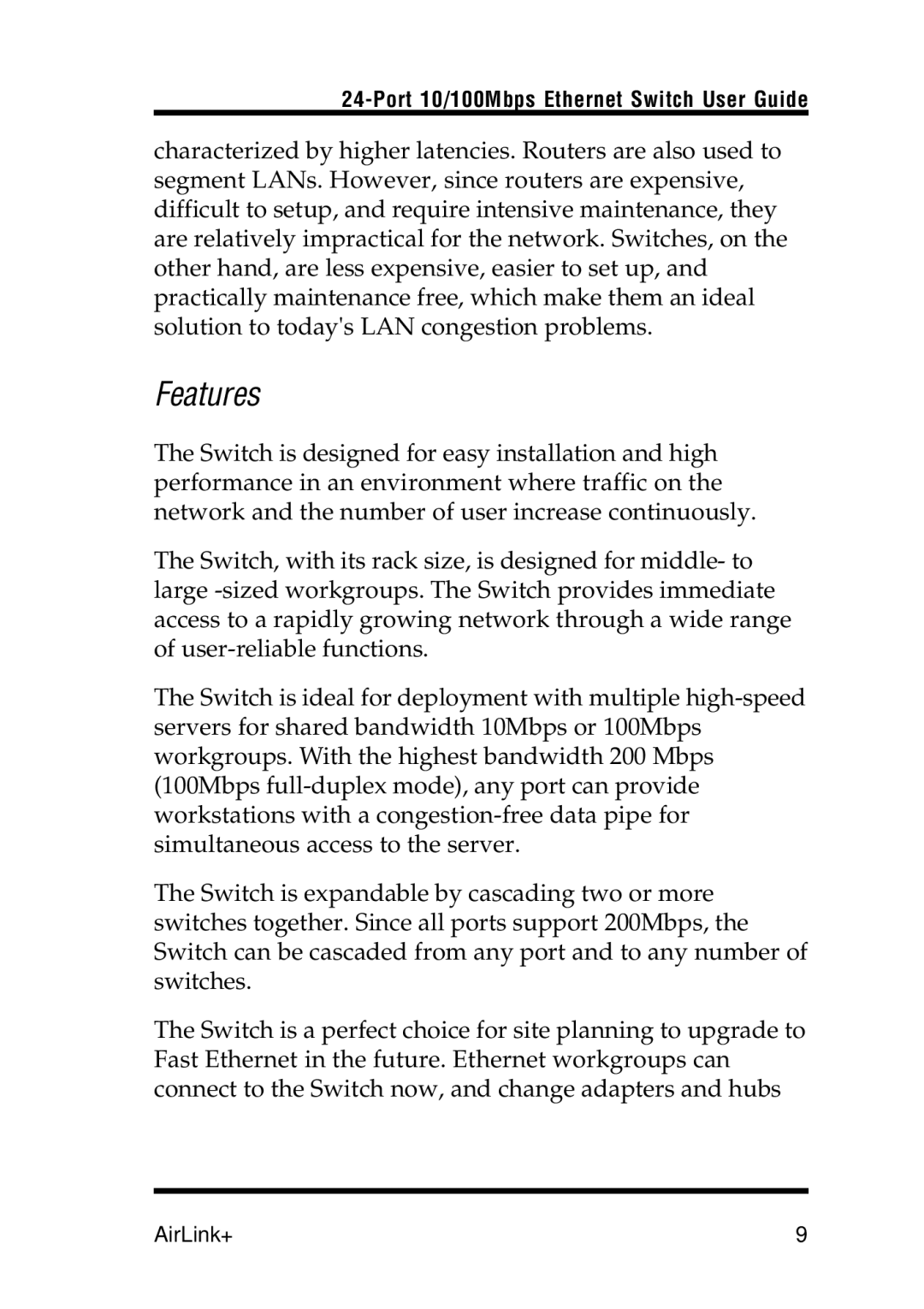 Airlink UG-ASW224-1103 manual Features 