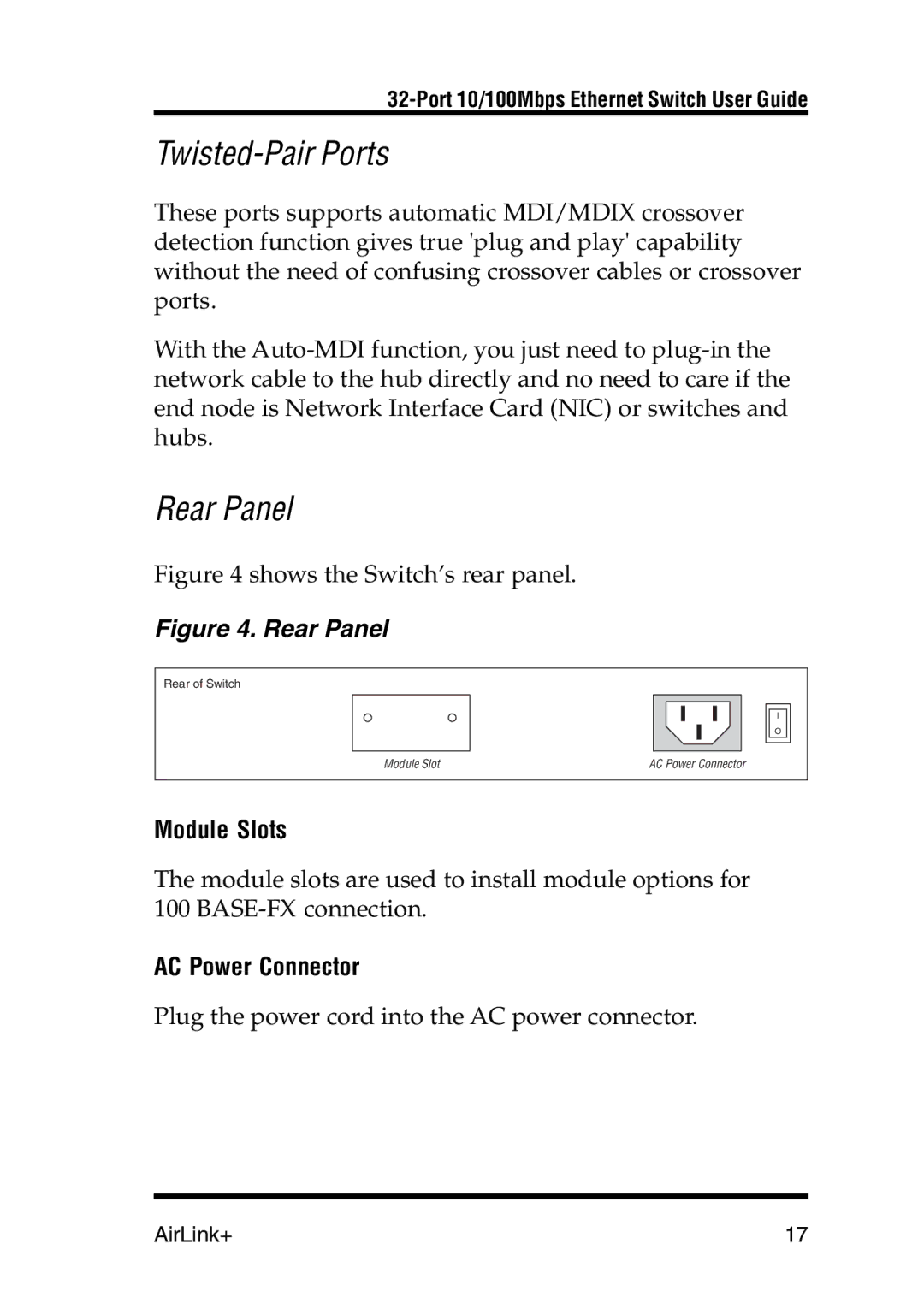 Airlink UG-ASW232-1103 manual Twisted-Pair Ports, Rear Panel 