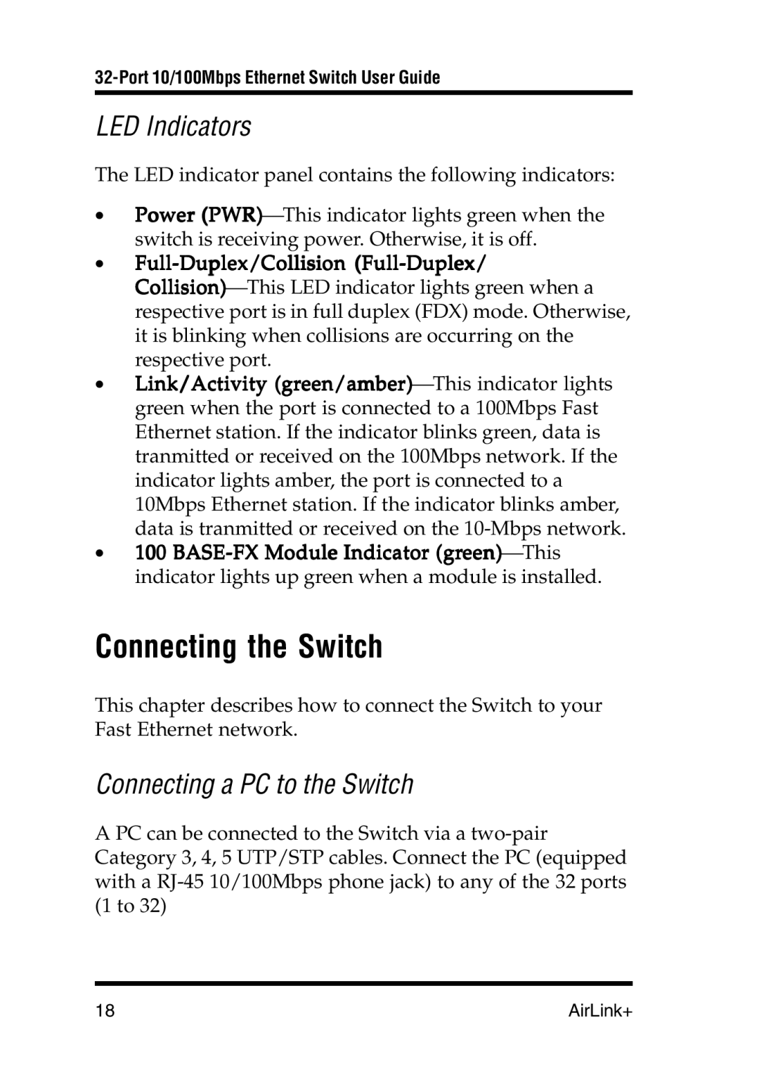 Airlink UG-ASW232-1103 manual Connecting the Switch, LED Indicators, Connecting a PC to the Switch 