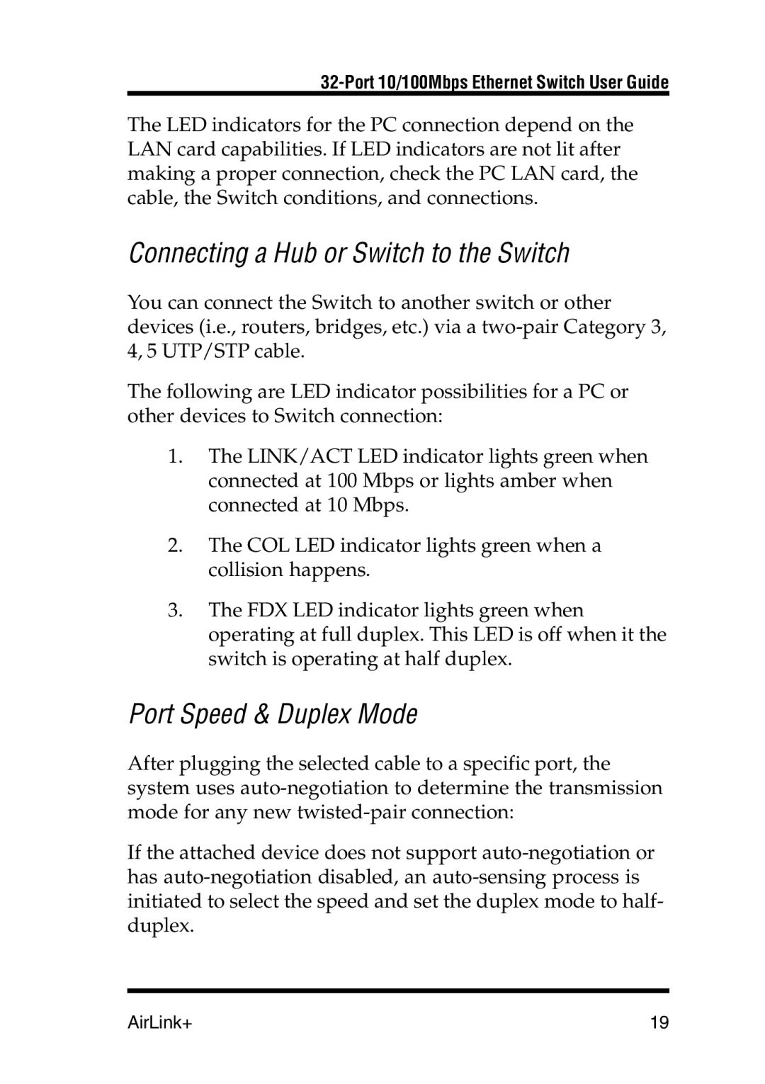 Airlink UG-ASW232-1103 manual Connecting a Hub or Switch to the Switch, Port Speed & Duplex Mode 