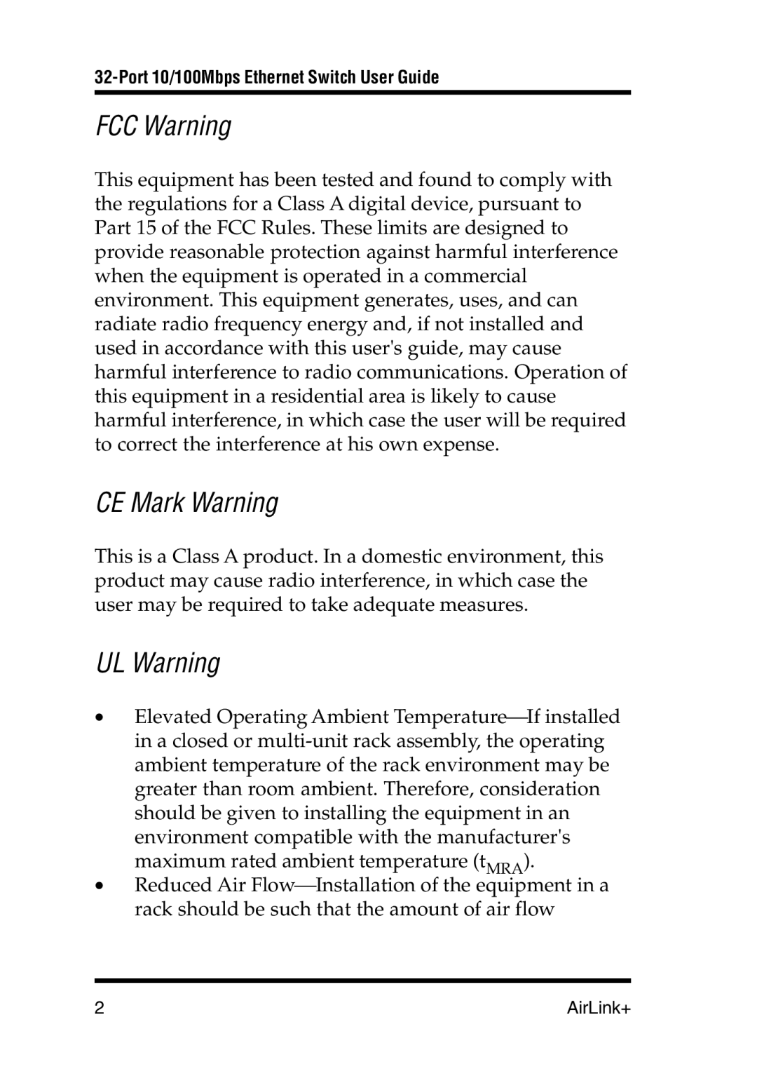 Airlink UG-ASW232-1103 manual FCC Warning, CE Mark Warning, UL Warning 