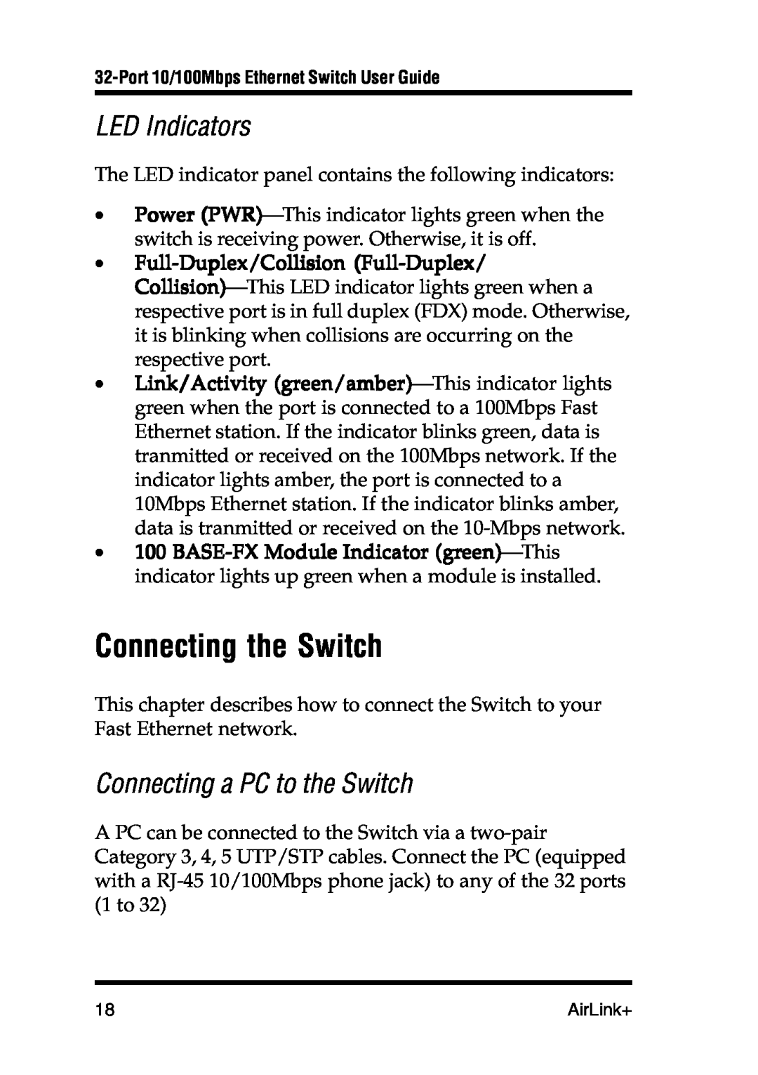 Airlink UG-ASW232-1103 manual Connecting the Switch, LED Indicators, Connecting a PC to the Switch 