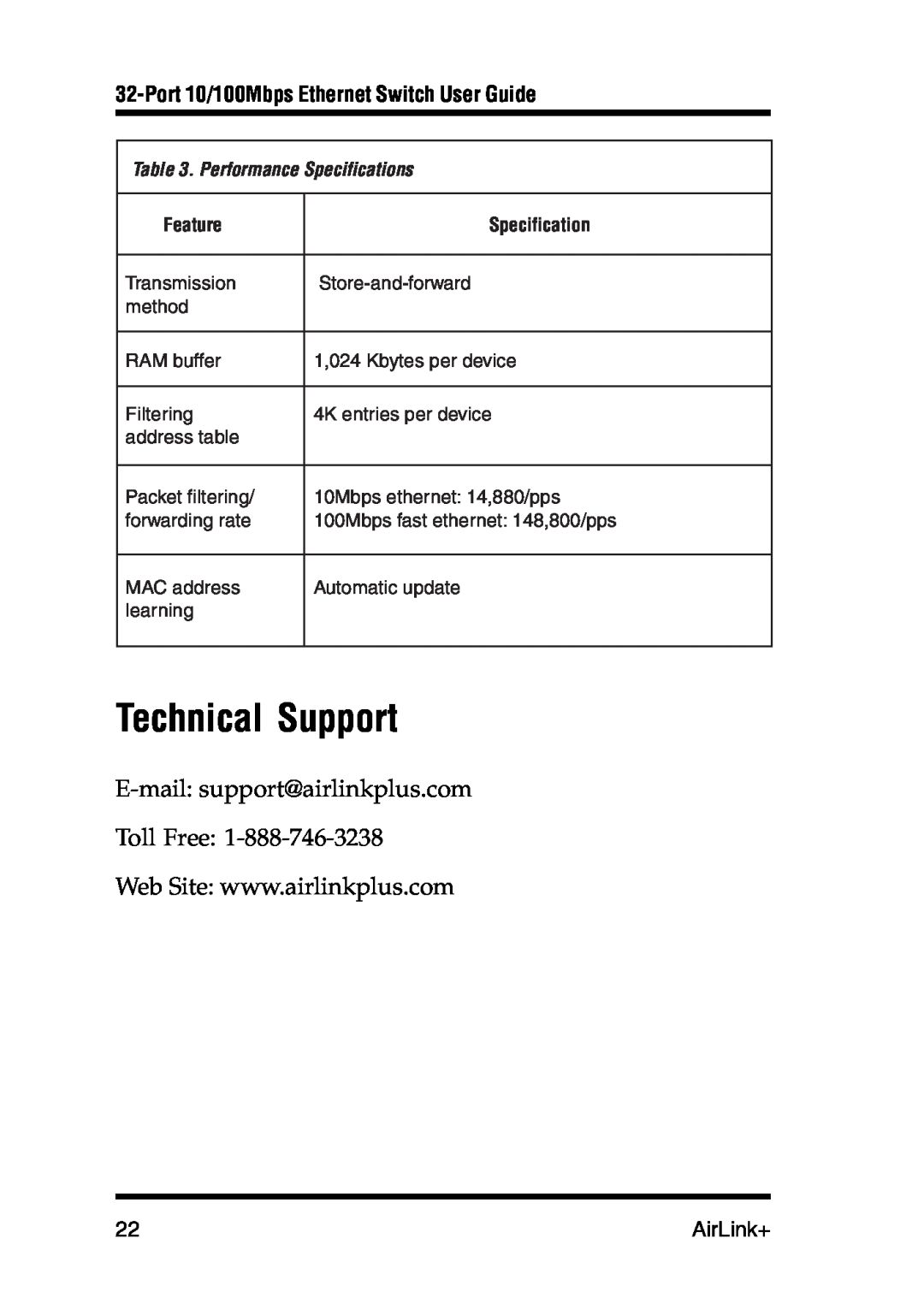 Airlink UG-ASW232-1103 Technical Support, Port 10/100Mbps Ethernet Switch User Guide, AirLink+, Performance Specifications 