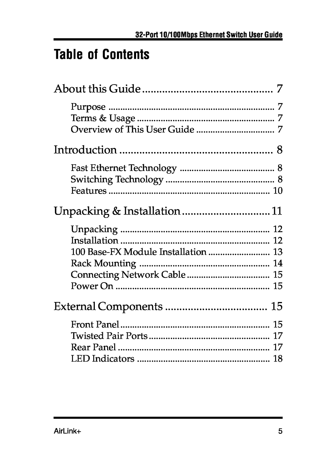 Airlink UG-ASW232-1103 Table of Contents, About this Guide, Introduction, Unpacking & Installation, External Components 