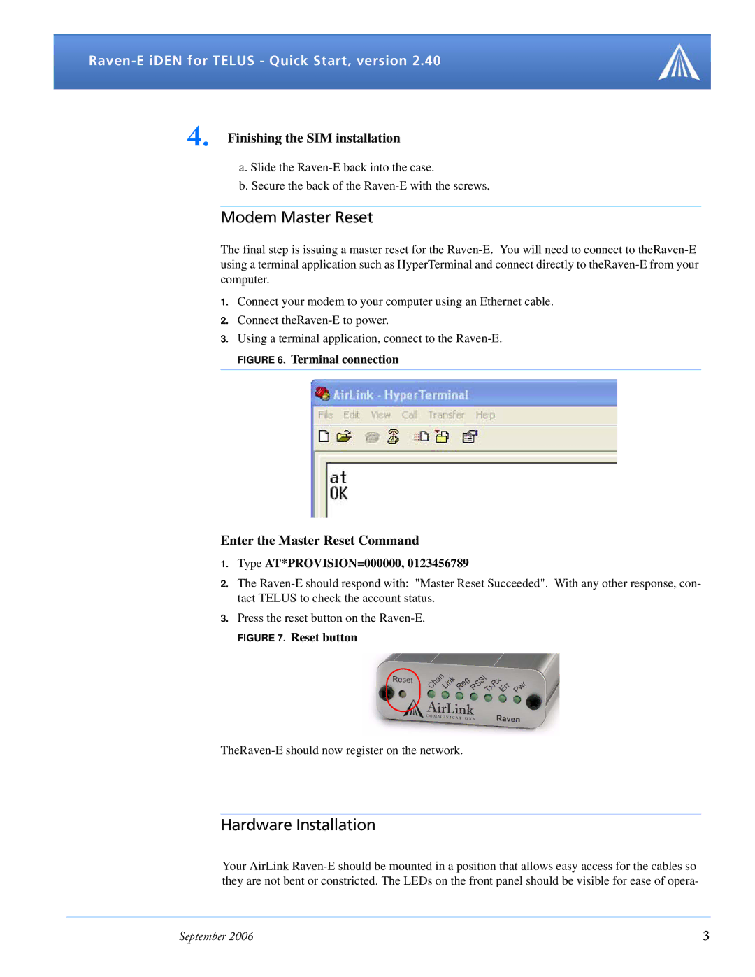 Airlink Version 2.40 quick start Modem Master Reset, Hardware Installation, Finishing the SIM installation 