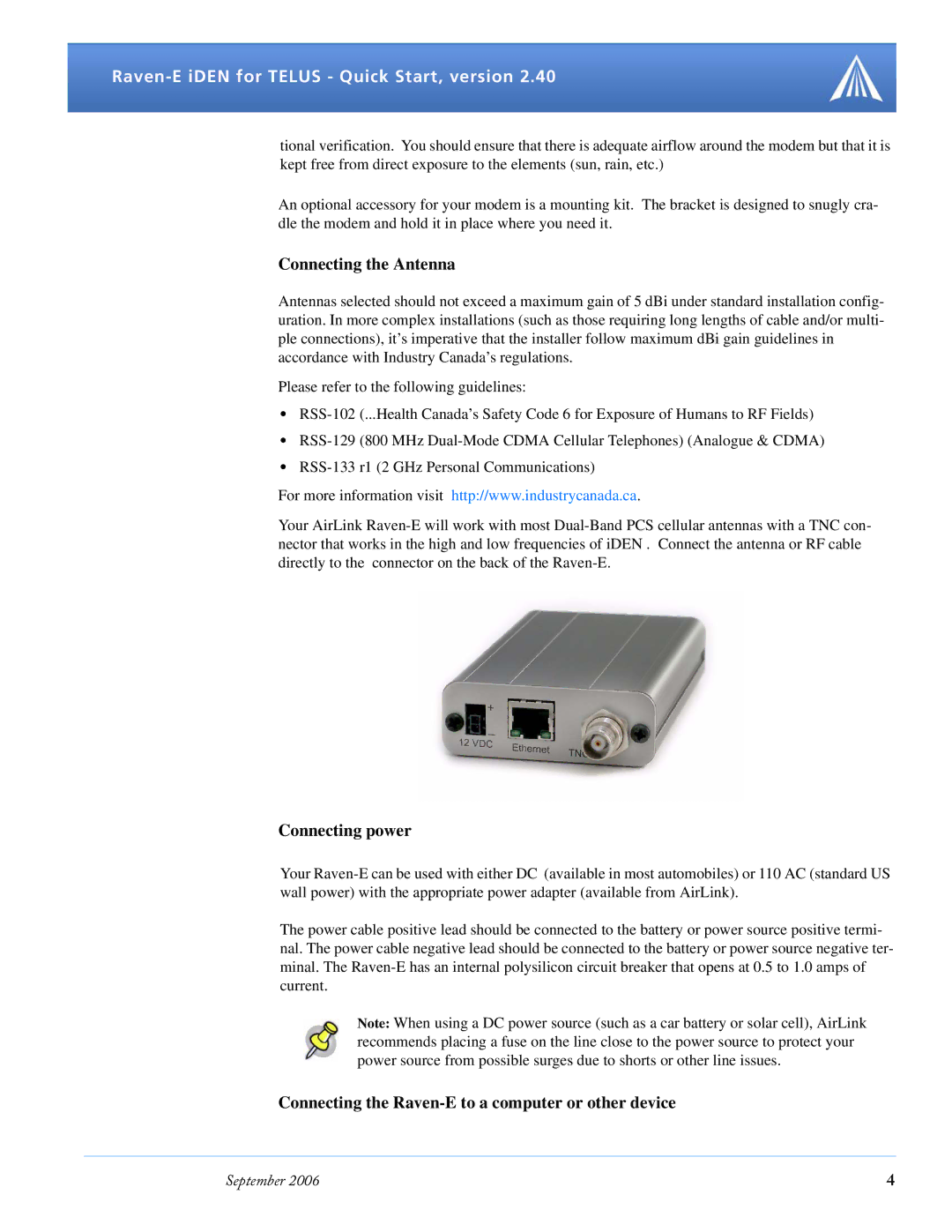 Airlink Version 2.40 Connecting the Antenna, Connecting power, Connecting the Raven-E to a computer or other device 