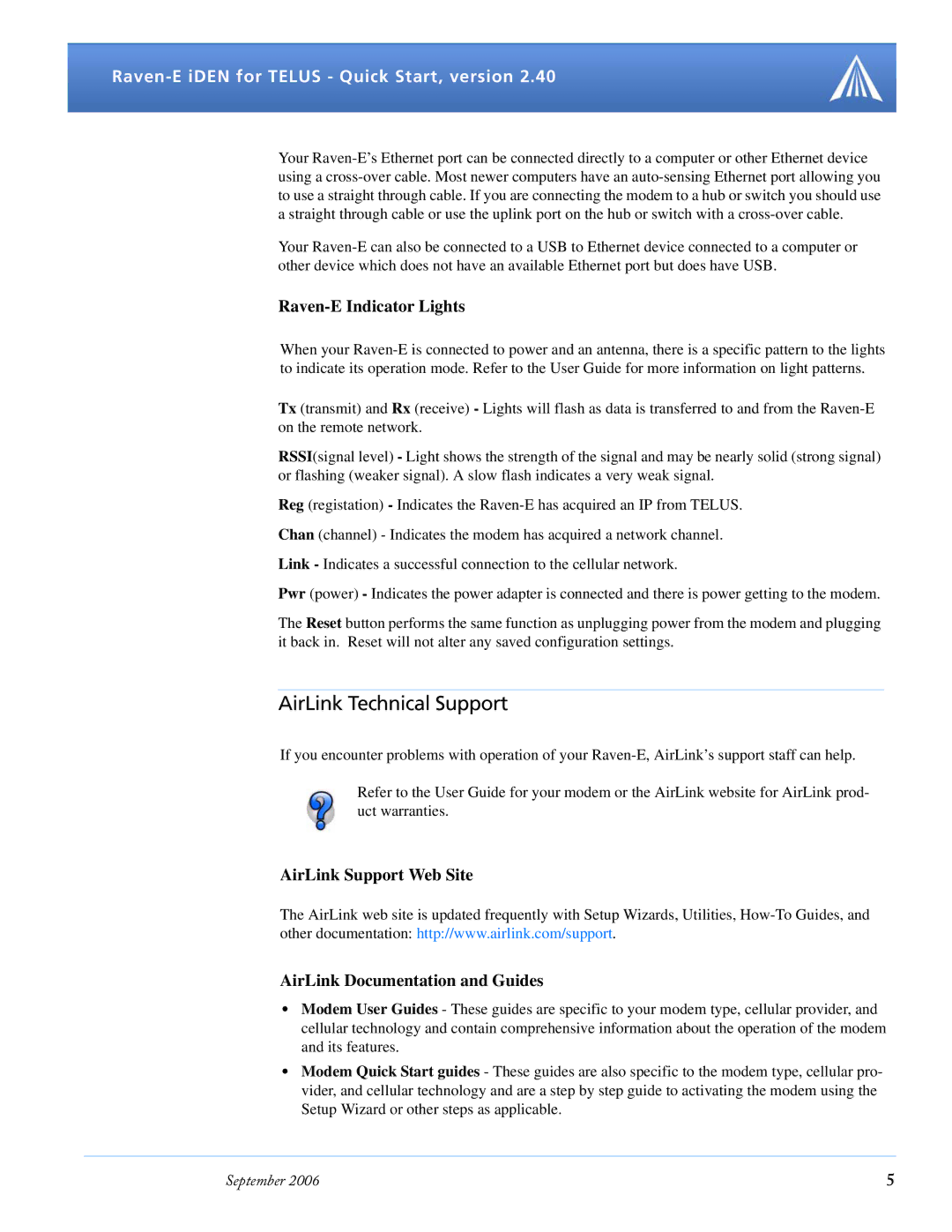 Airlink Version 2.40 quick start AirLink Technical Support, Raven-E Indicator Lights 