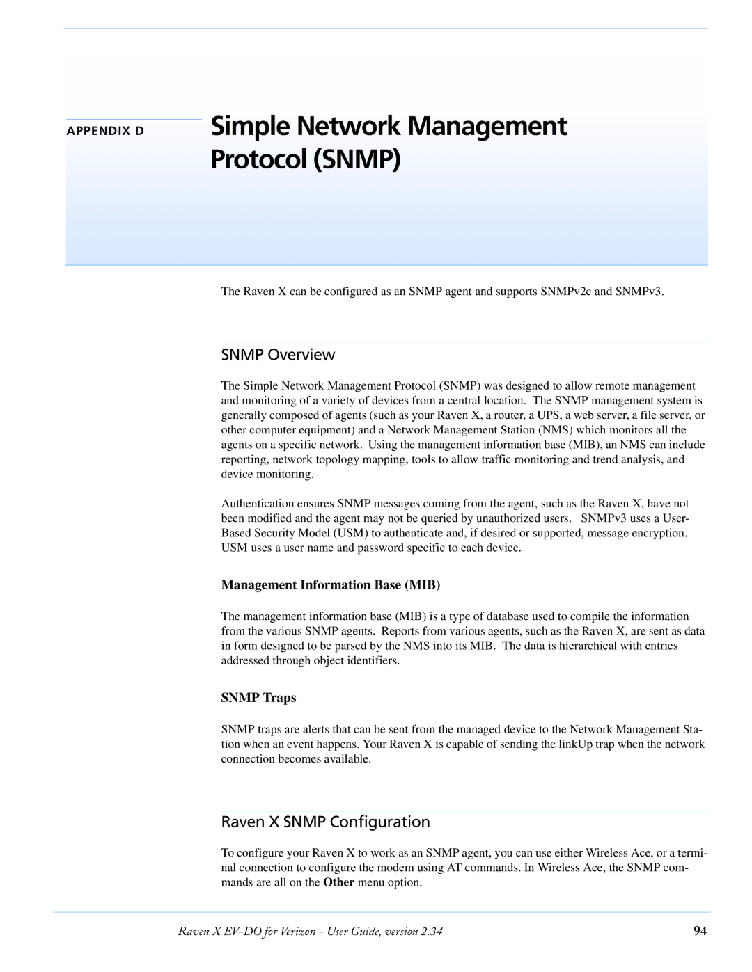 Airlink X EV-DO manual Snmp Overview, Raven X Snmp Configuration, Management Information Base MIB, Snmp Traps 