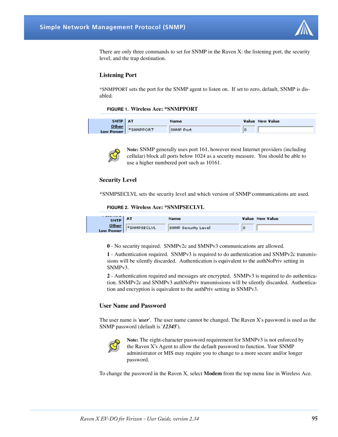 Airlink X EV-DO manual Simple Network Management Protocol Snmp, Listening Port, Security Level, User Name and Password 