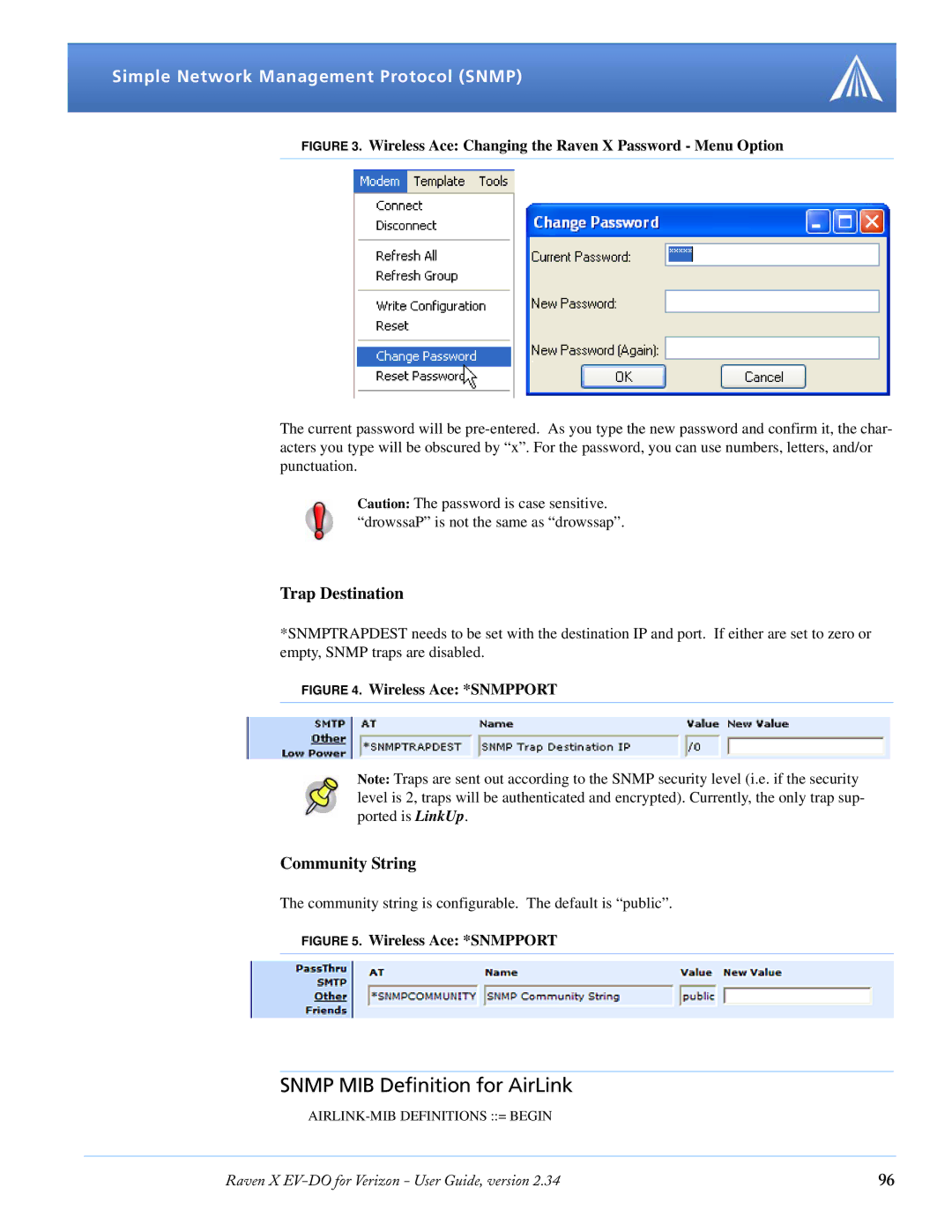 Airlink X EV-DO manual Snmp MIB Definition for AirLink, Trap Destination, Community String 