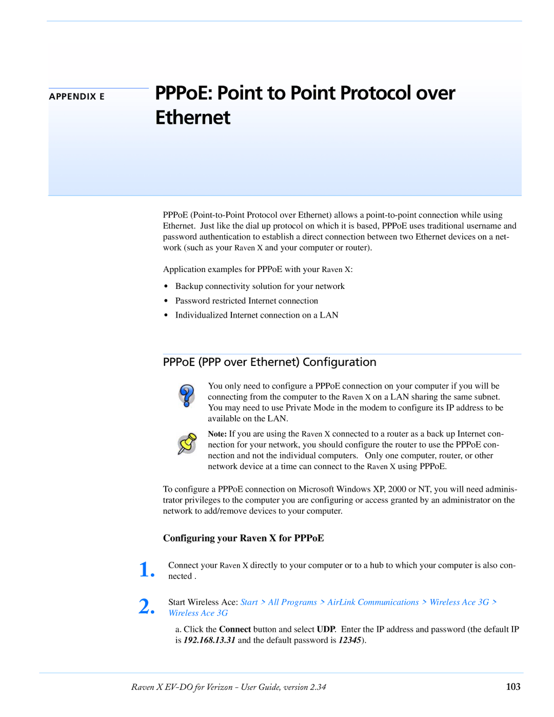 Airlink X EV-DO manual PPPoE Point to Point Protocol over Ethernet, PPPoE PPP over Ethernet Configuration, 103 