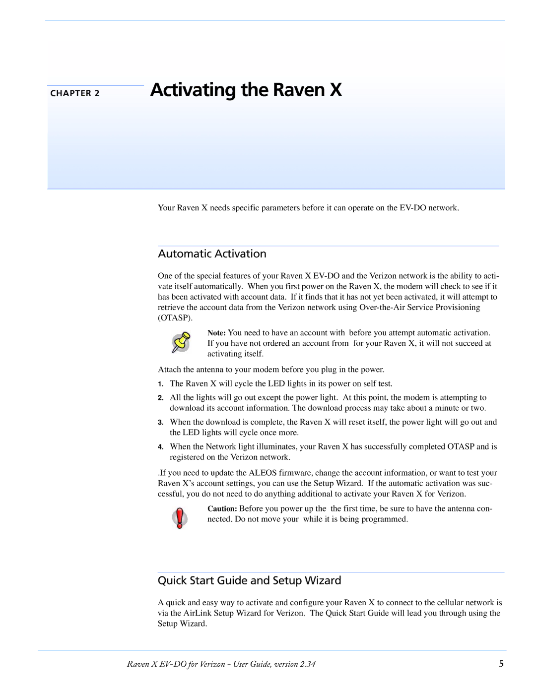 Airlink X EV-DO manual Activating the Raven, Automatic Activation, Quick Start Guide and Setup Wizard 