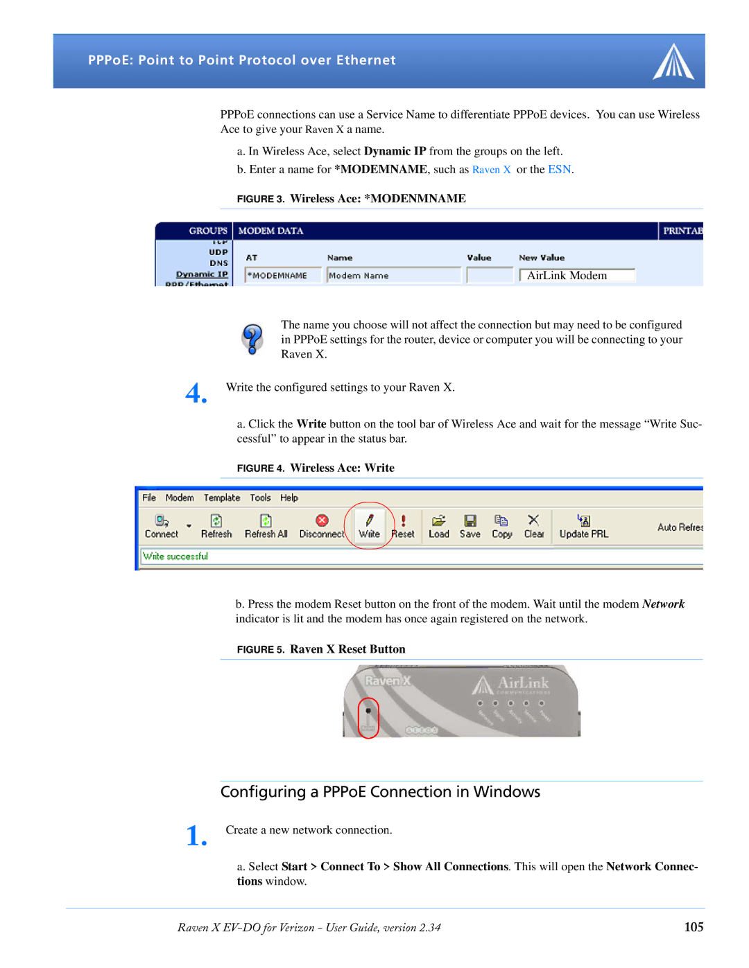 Airlink X EV-DO manual Configuring a PPPoE Connection in Windows, 105 