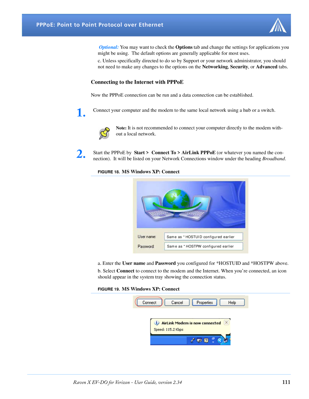 Airlink X EV-DO manual Connecting to the Internet with PPPoE, 111 