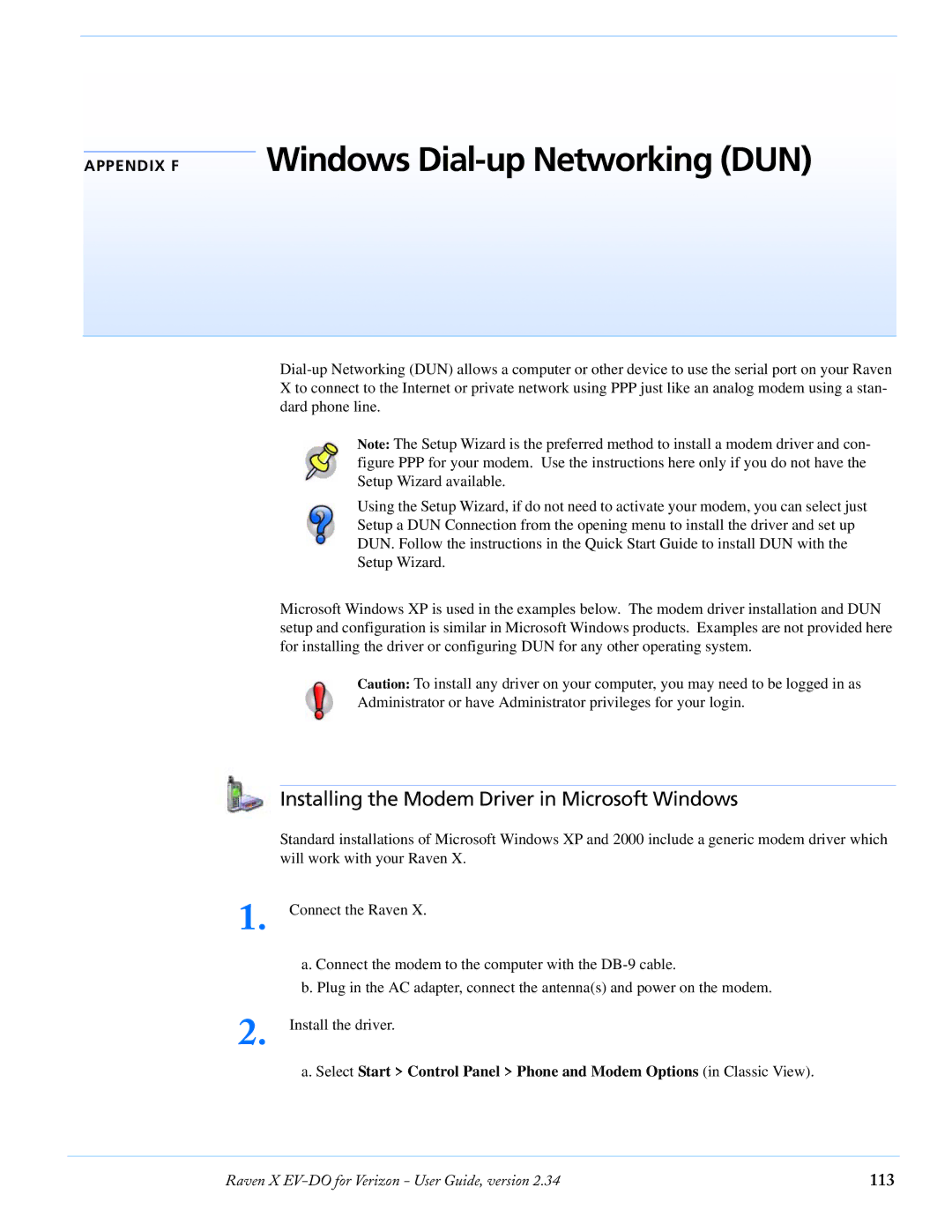 Airlink X EV-DO manual Windows Dial-up Networking DUN, Installing the Modem Driver in Microsoft Windows, 113 