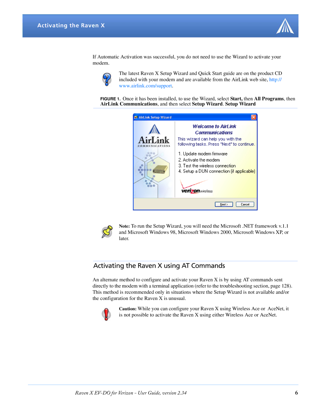 Airlink X EV-DO manual Activating the Raven X using AT Commands 