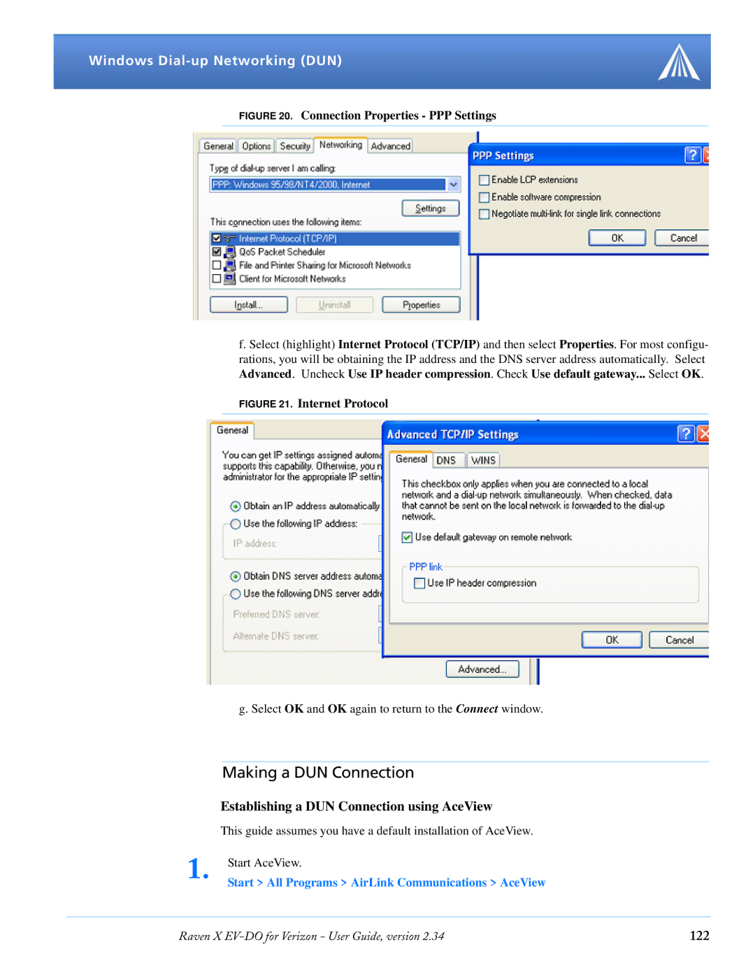 Airlink X EV-DO manual Making a DUN Connection, Establishing a DUN Connection using AceView, 122 