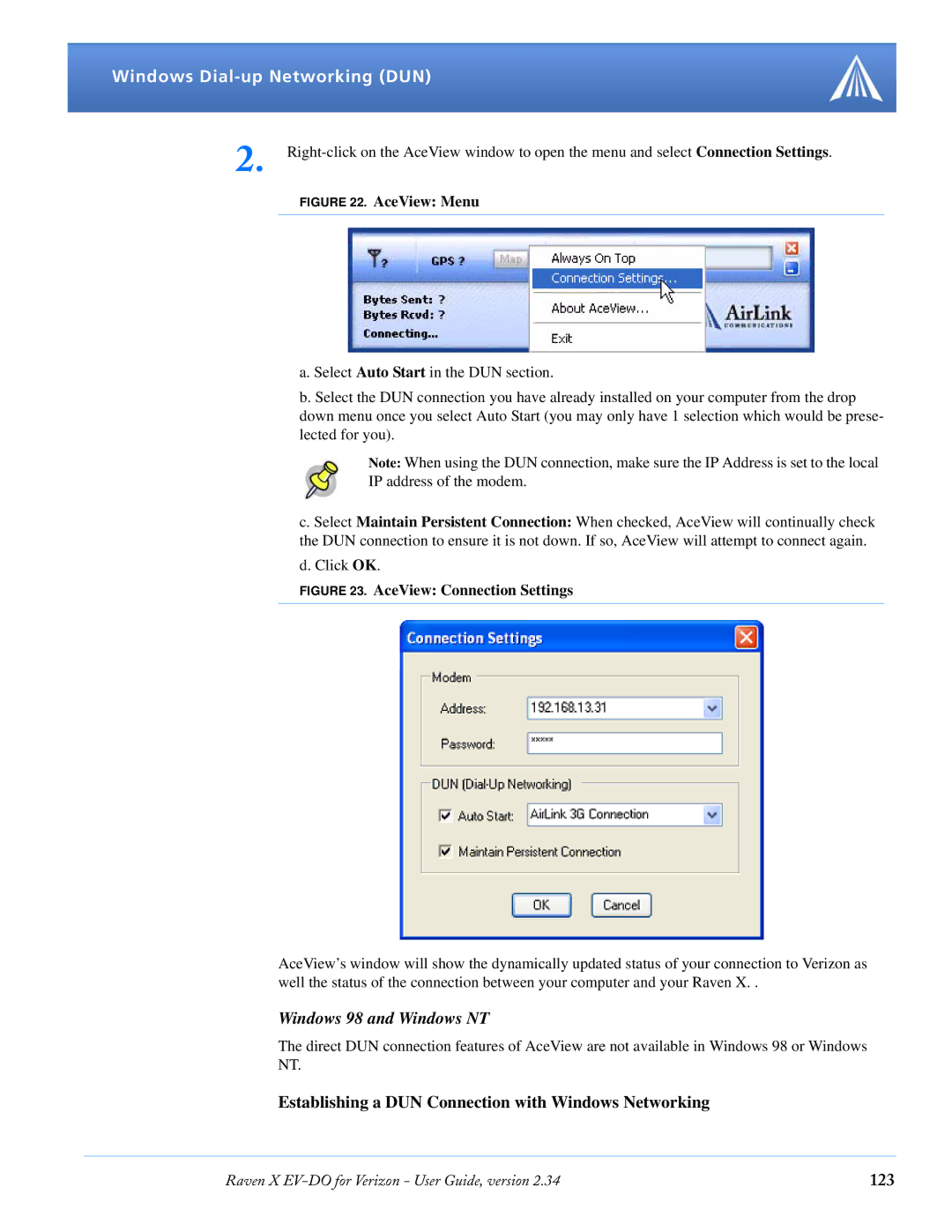 Airlink X EV-DO manual Windows 98 and Windows NT, Establishing a DUN Connection with Windows Networking, 123 