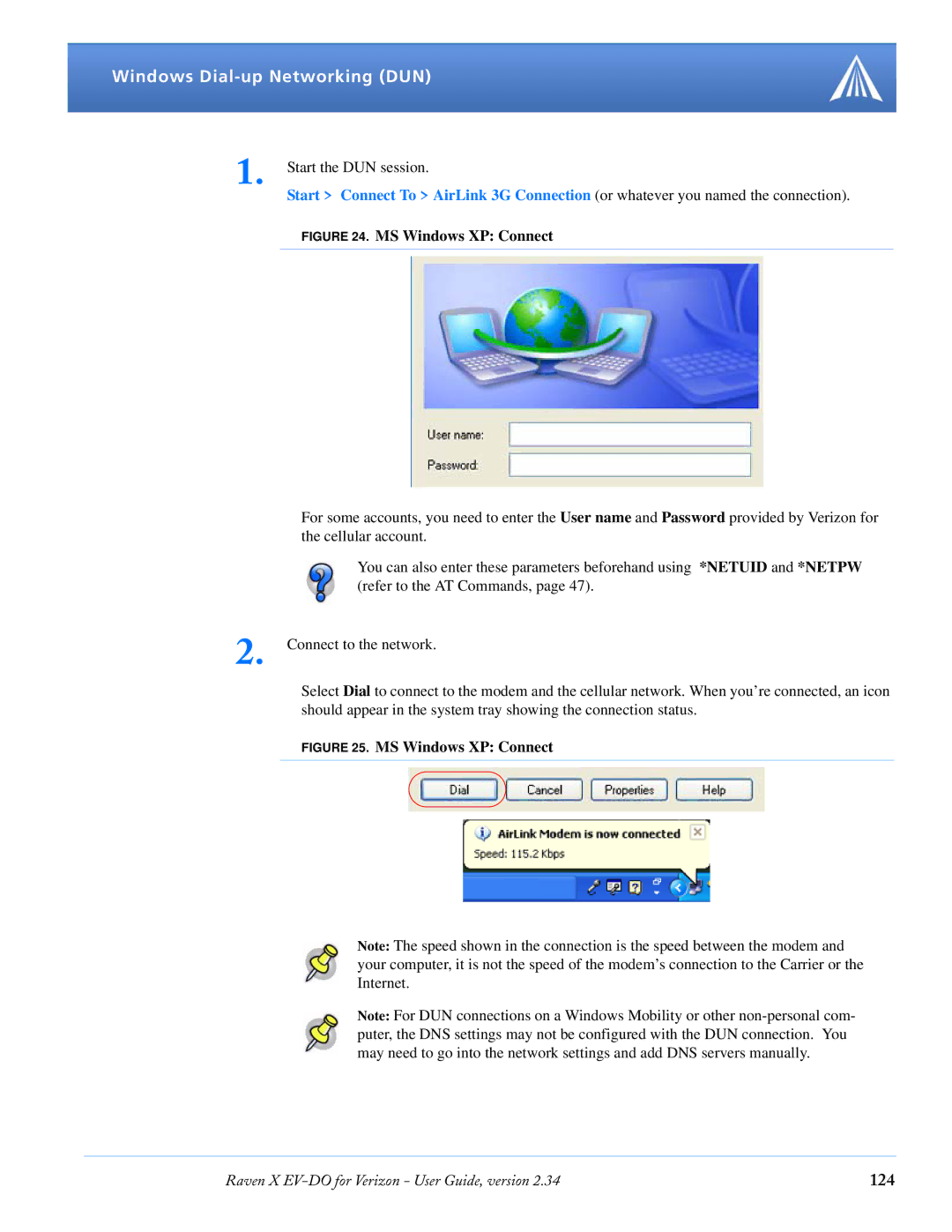 Airlink X EV-DO manual 124, MS Windows XP Connect 