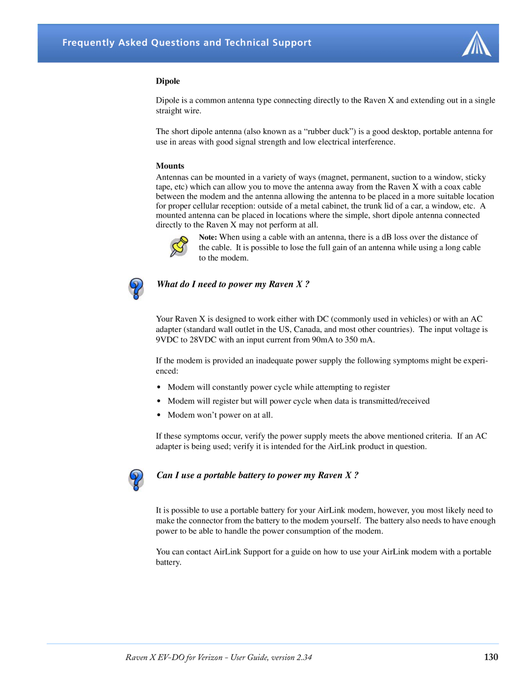 Airlink X EV-DO manual What do I need to power my Raven X ?, Can I use a portable battery to power my Raven X ?, 130 