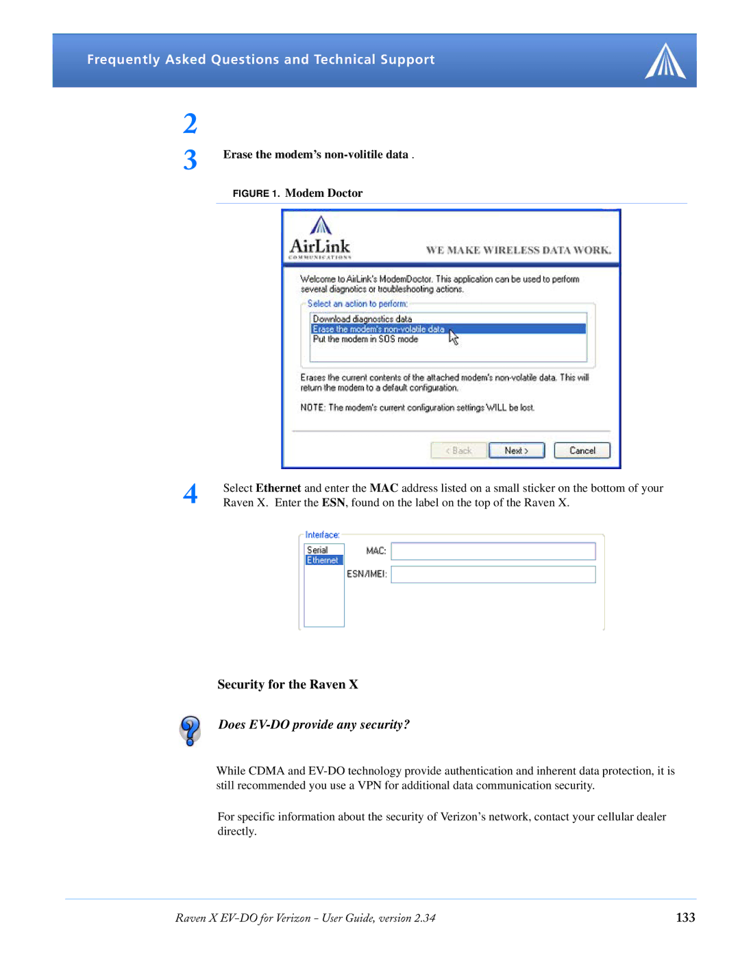 Airlink X EV-DO manual Security for the Raven, Does EV-DO provide any security?, 133 