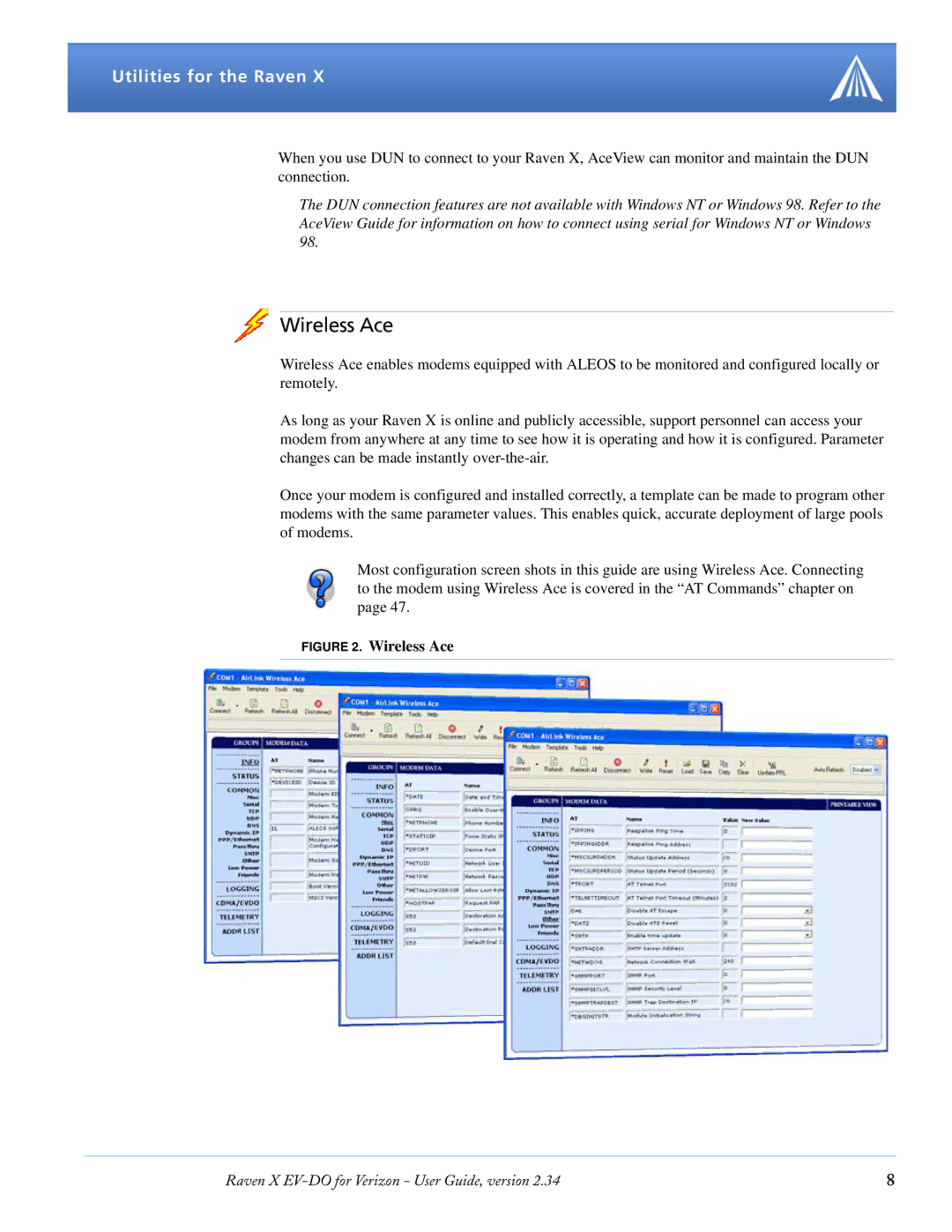 Airlink X EV-DO manual Wireless Ace, Utilities for the Raven 