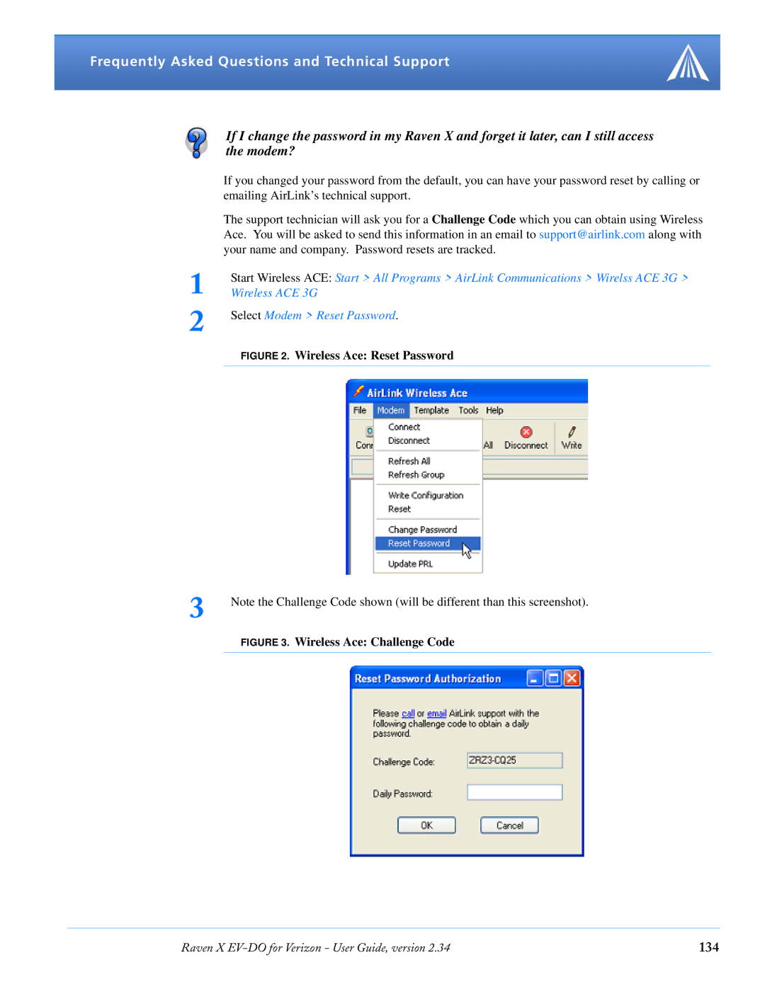 Airlink X EV-DO manual 134, Wireless Ace Reset Password 