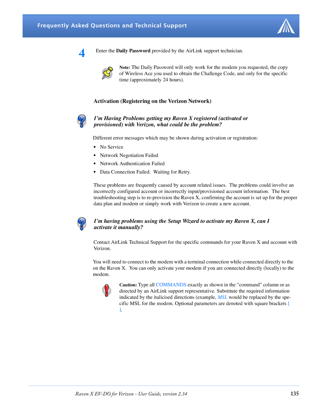 Airlink X EV-DO manual Activation Registering on the Verizon Network, 135 