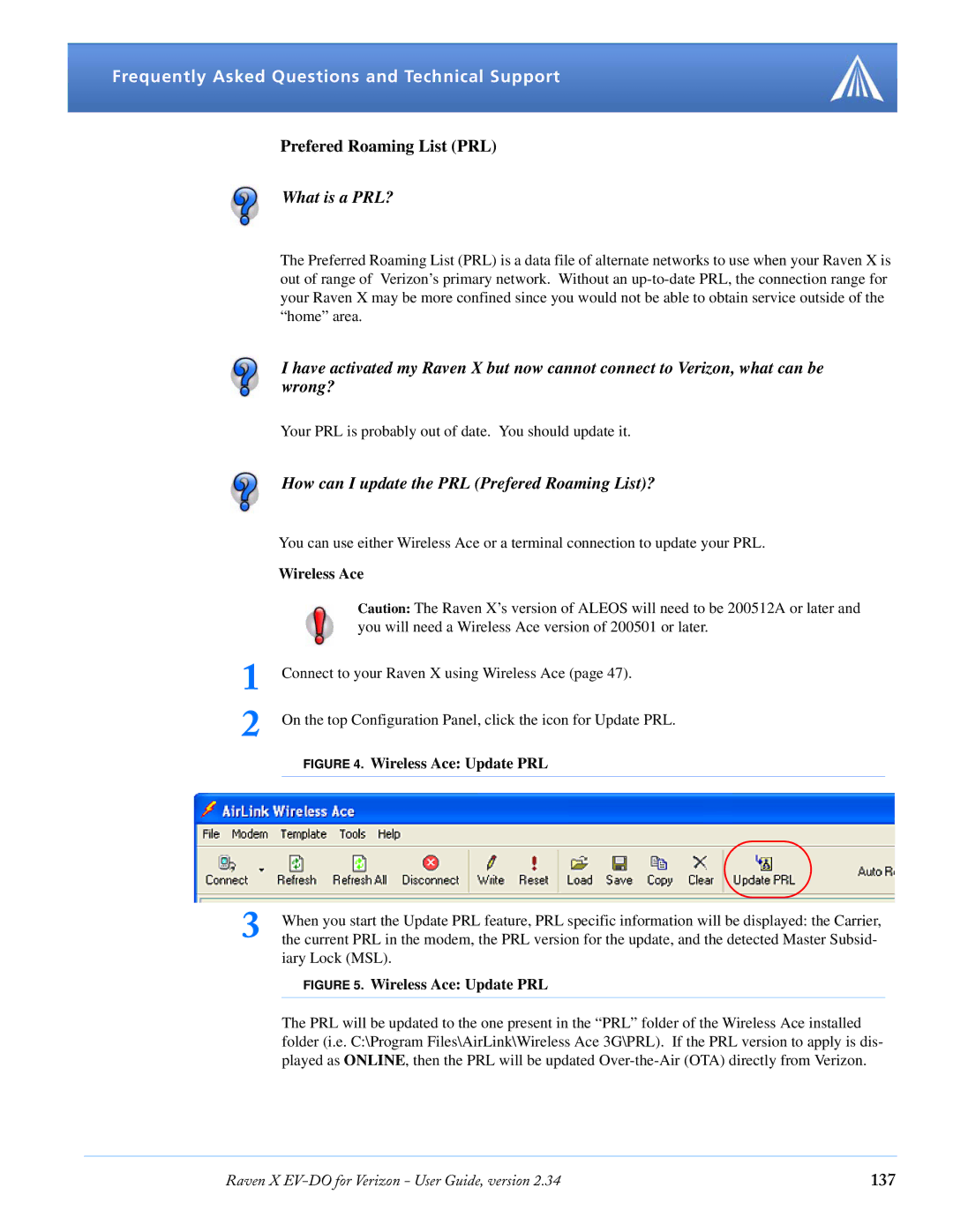 Airlink X EV-DO manual Prefered Roaming List PRL, What is a PRL?, How can I update the PRL Prefered Roaming List?, 137 