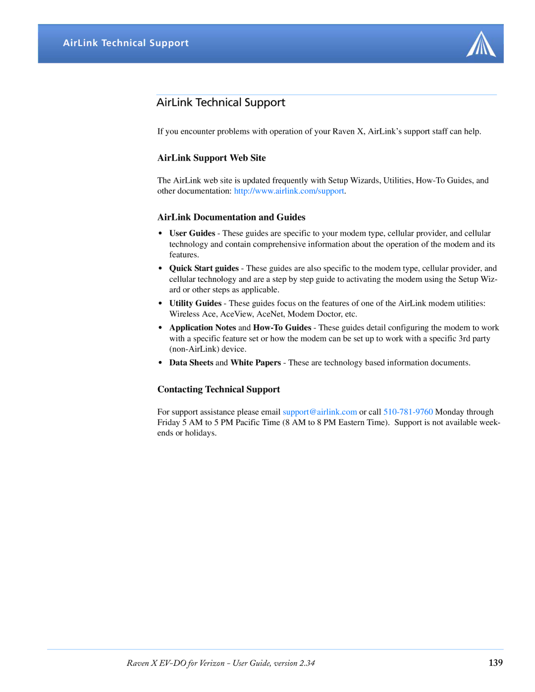 Airlink X EV-DO manual AirLink Technical Support, AirLink Support Web Site AirLink Documentation and Guides, 139 