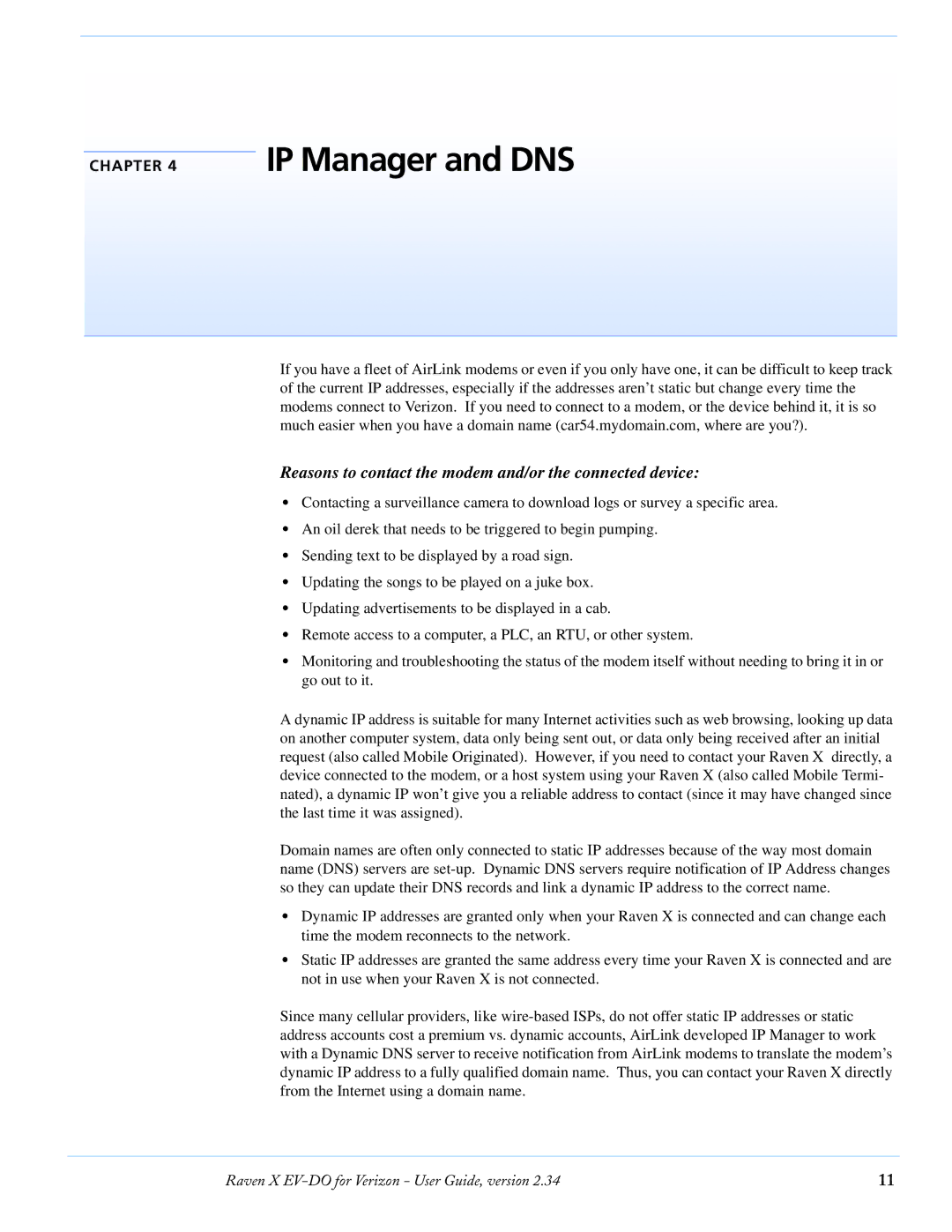 Airlink X EV-DO manual IP Manager and DNS, Reasons to contact the modem and/or the connected device 