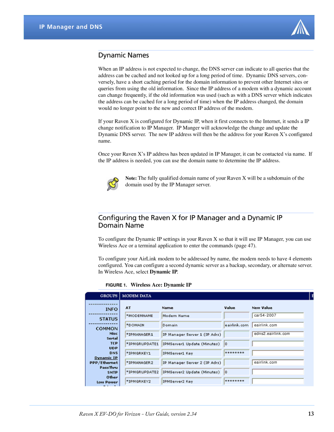 Airlink X EV-DO manual Dynamic Names, Wireless Ace Dynamic IP 