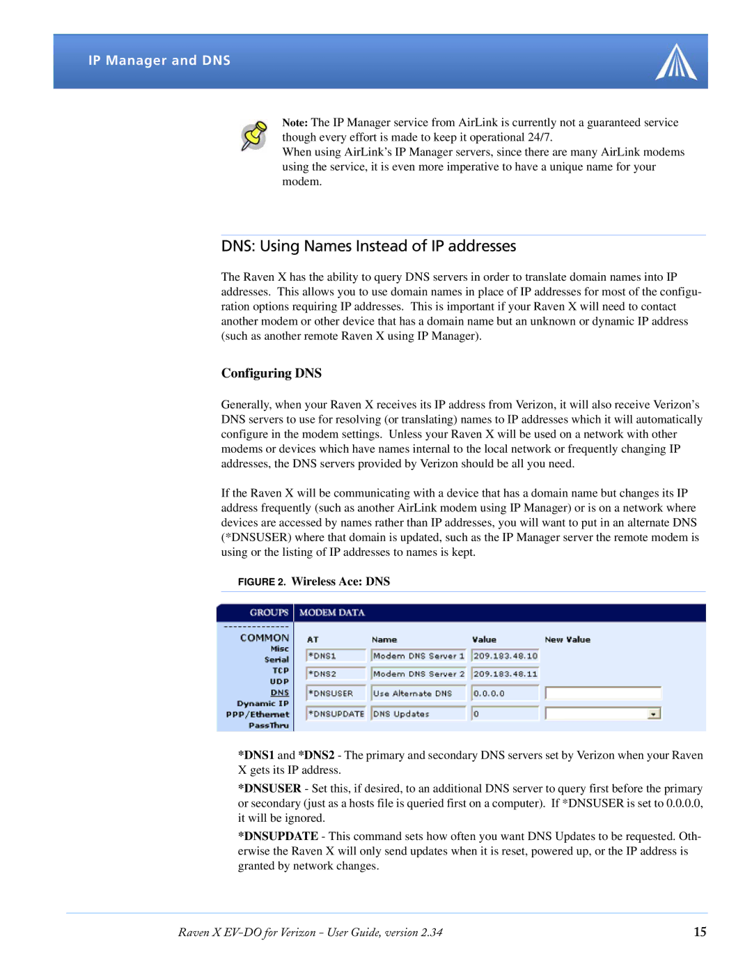 Airlink X EV-DO manual DNS Using Names Instead of IP addresses, Configuring DNS 