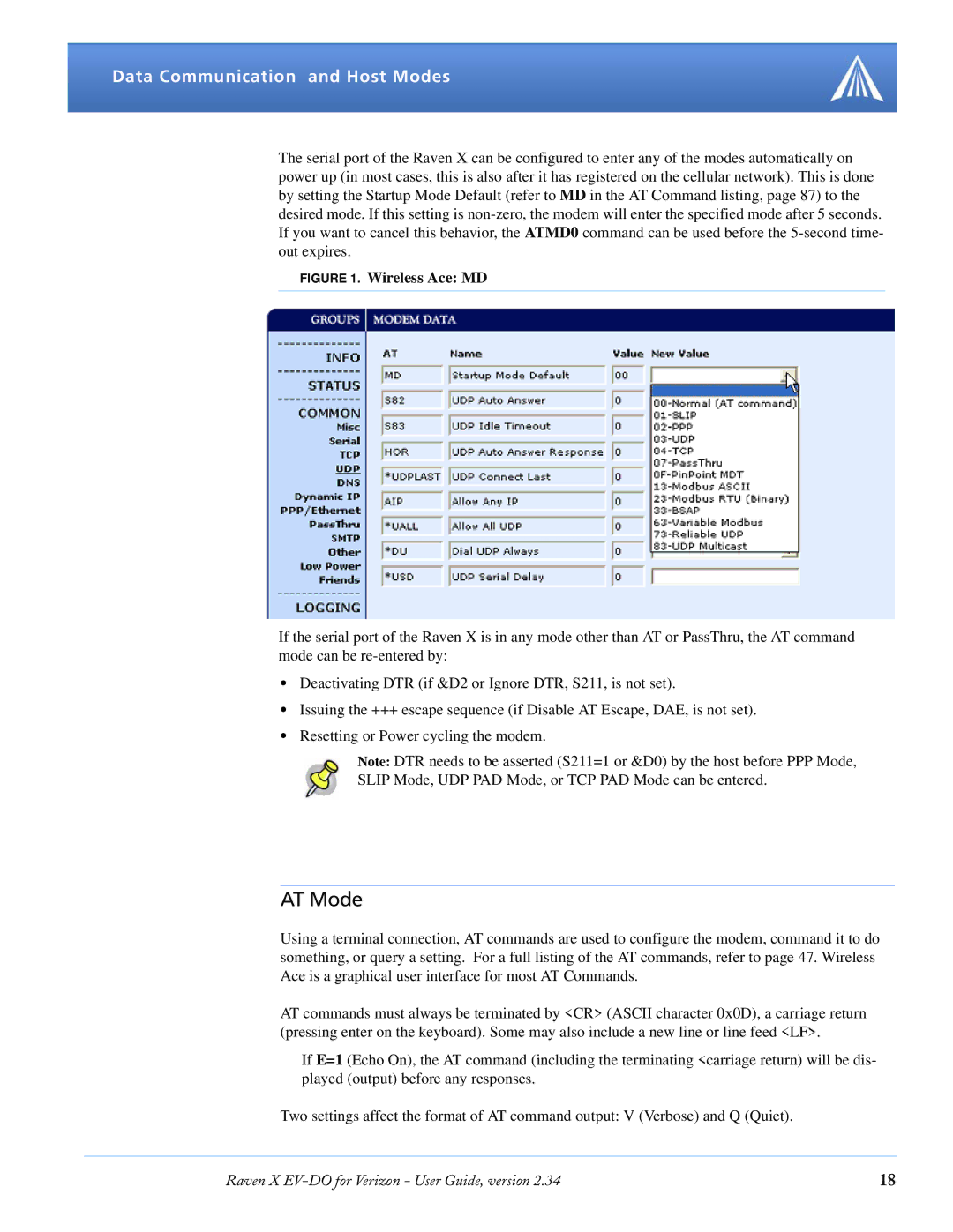 Airlink X EV-DO manual AT Mode, Data Communication and Host Modes 