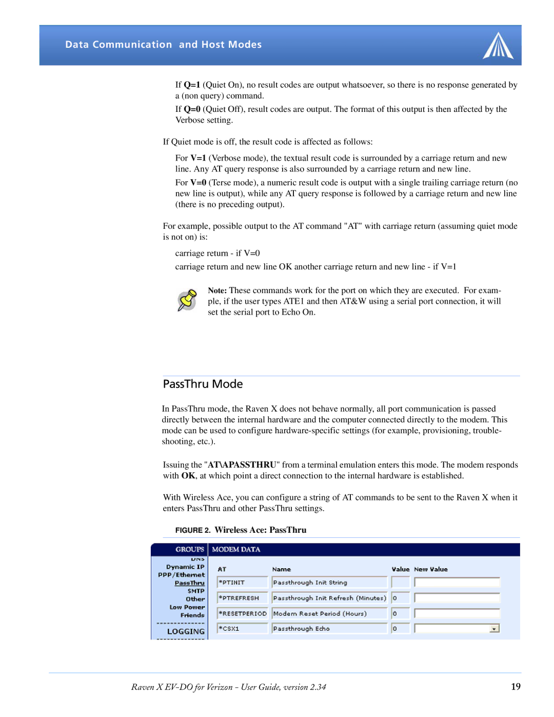 Airlink X EV-DO manual PassThru Mode, Wireless Ace PassThru 