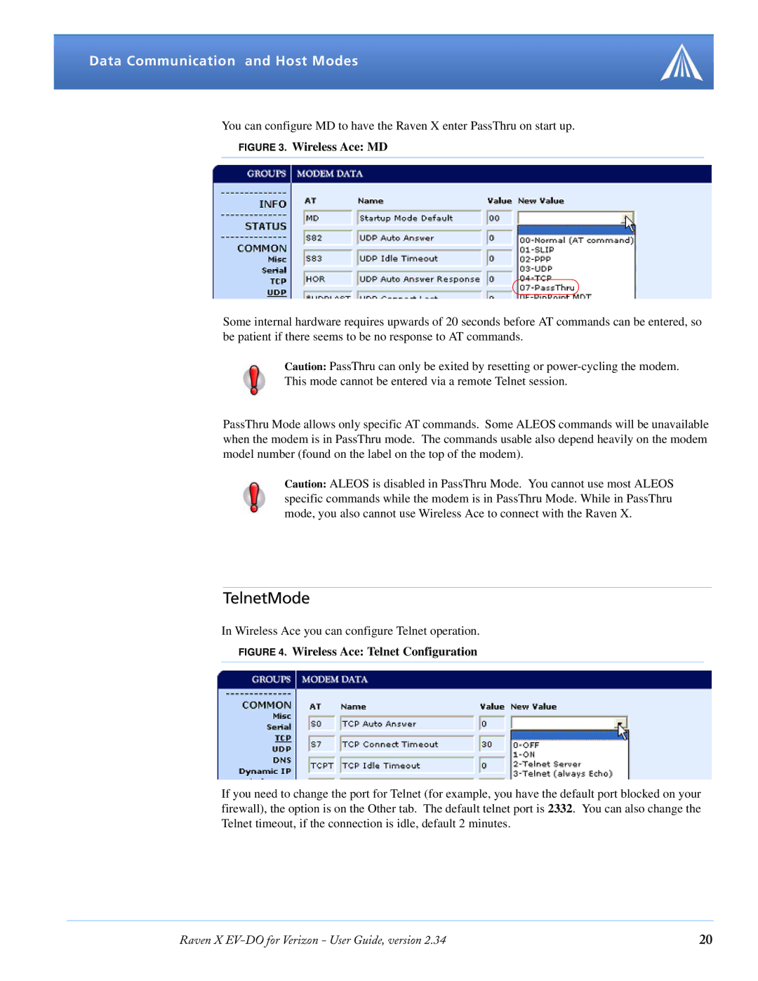 Airlink X EV-DO manual TelnetMode, Wireless Ace Telnet Configuration 