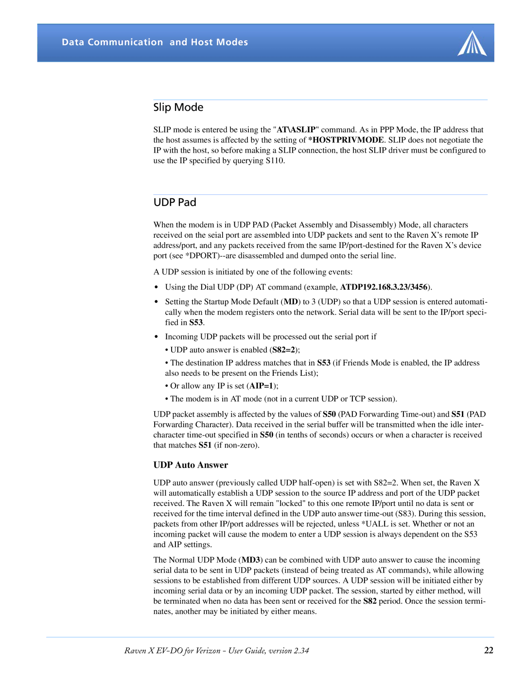 Airlink X EV-DO manual Slip Mode, UDP Pad, UDP Auto Answer 