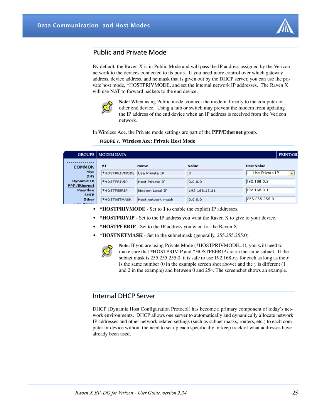 Airlink X EV-DO manual Public and Private Mode, Internal Dhcp Server 