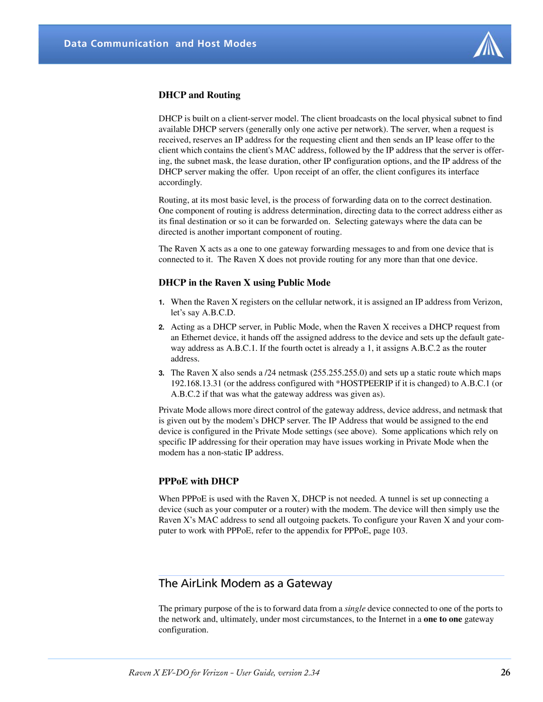 Airlink X EV-DO manual AirLink Modem as a Gateway, Dhcp and Routing, Dhcp in the Raven X using Public Mode, PPPoE with Dhcp 