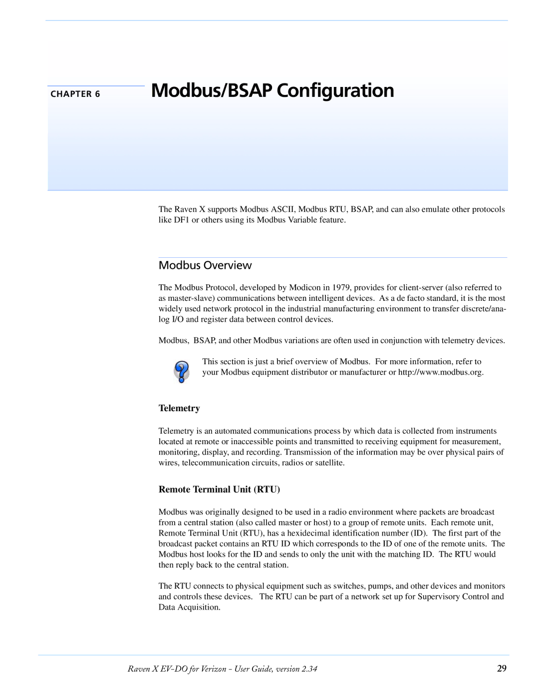 Airlink X EV-DO manual Modbus/BSAP Configuration, Modbus Overview, Telemetry, Remote Terminal Unit RTU 