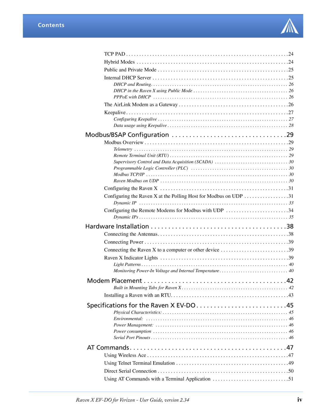 Airlink X EV-DO manual Modbus/BSAP Configuration, Contents 