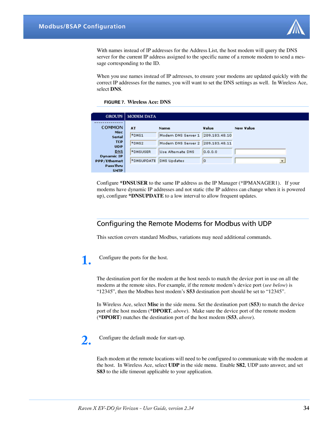 Airlink X EV-DO manual Configuring the Remote Modems for Modbus with UDP, Wireless Ace DNS 